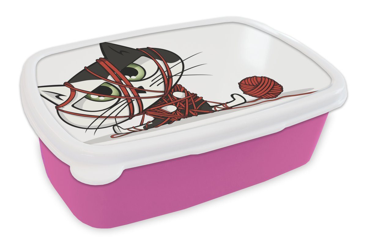 MuchoWow Lunchbox Katze - Wolle - Rot, Kunststoff, (2-tlg), Brotbox für Erwachsene, Brotdose Kinder, Snackbox, Mädchen, Kunststoff rosa