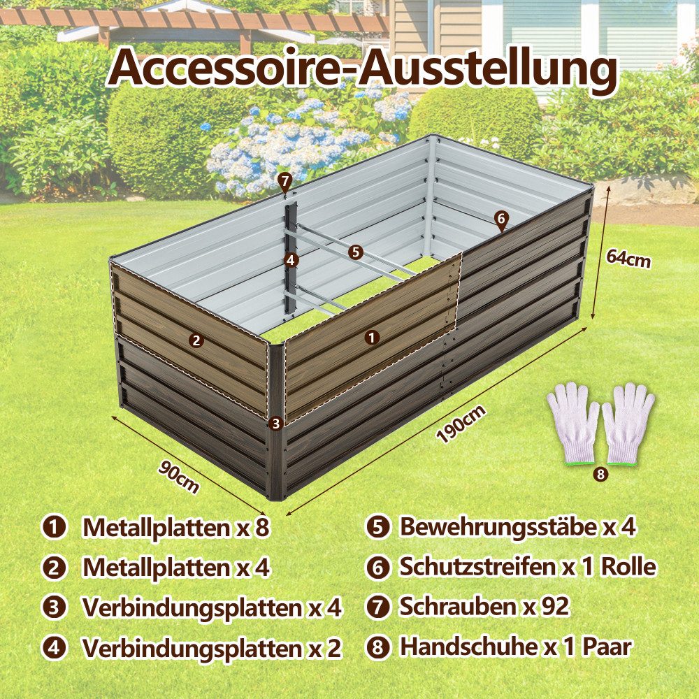 BBWL Hochbeet 190x90x64 cm Wetterfestes Gartenbeet mit Offener Boden Rostfrei, Metall Hochbeet für Gemüse Kräuter Blumen Terrasse – Bild 4 von 5