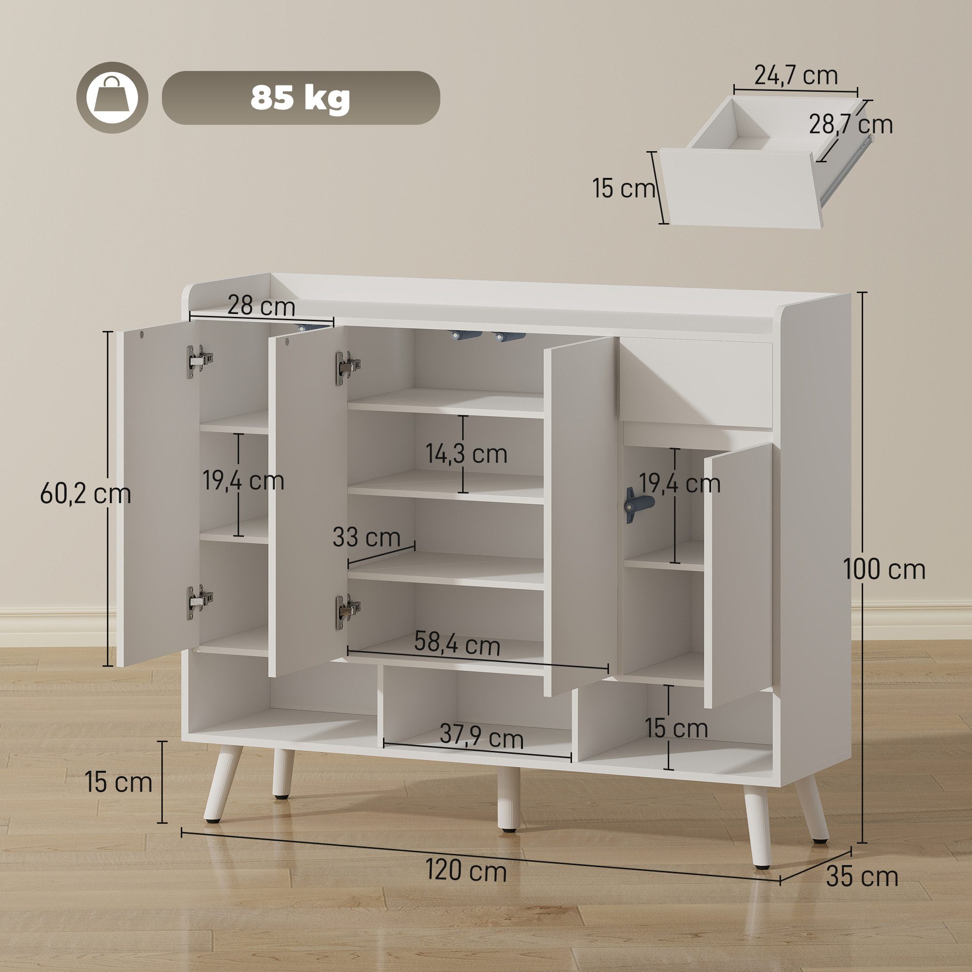 HOMCOM Schuhschrank Schuhregal mit 4 Türen, Druck zum Öffnen-Design, Schublade (Schuhkommode, 1-St., Schuhaufbewahrung) verstellbare Regale, Weiß