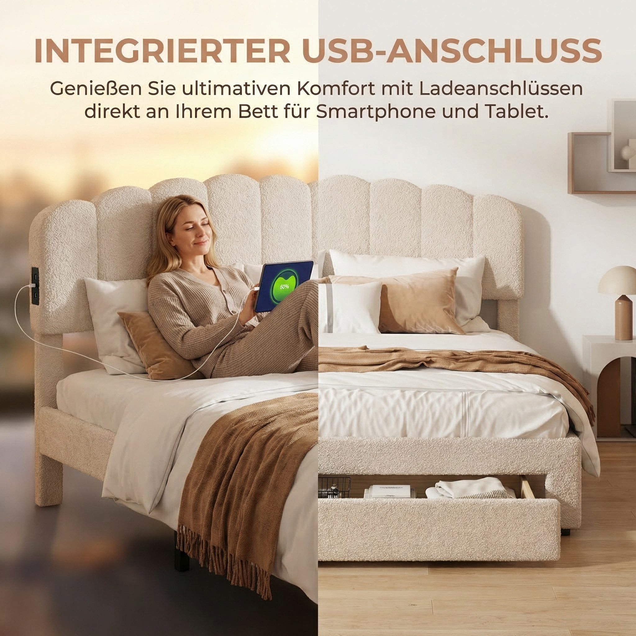 PXloue Polsterbett Doppelbett Stauraumbett (höhenverstellbarem Kopfteil), mit USB/Type-C Anschlüssen und Schublade, 140x200cm, Teddysamt