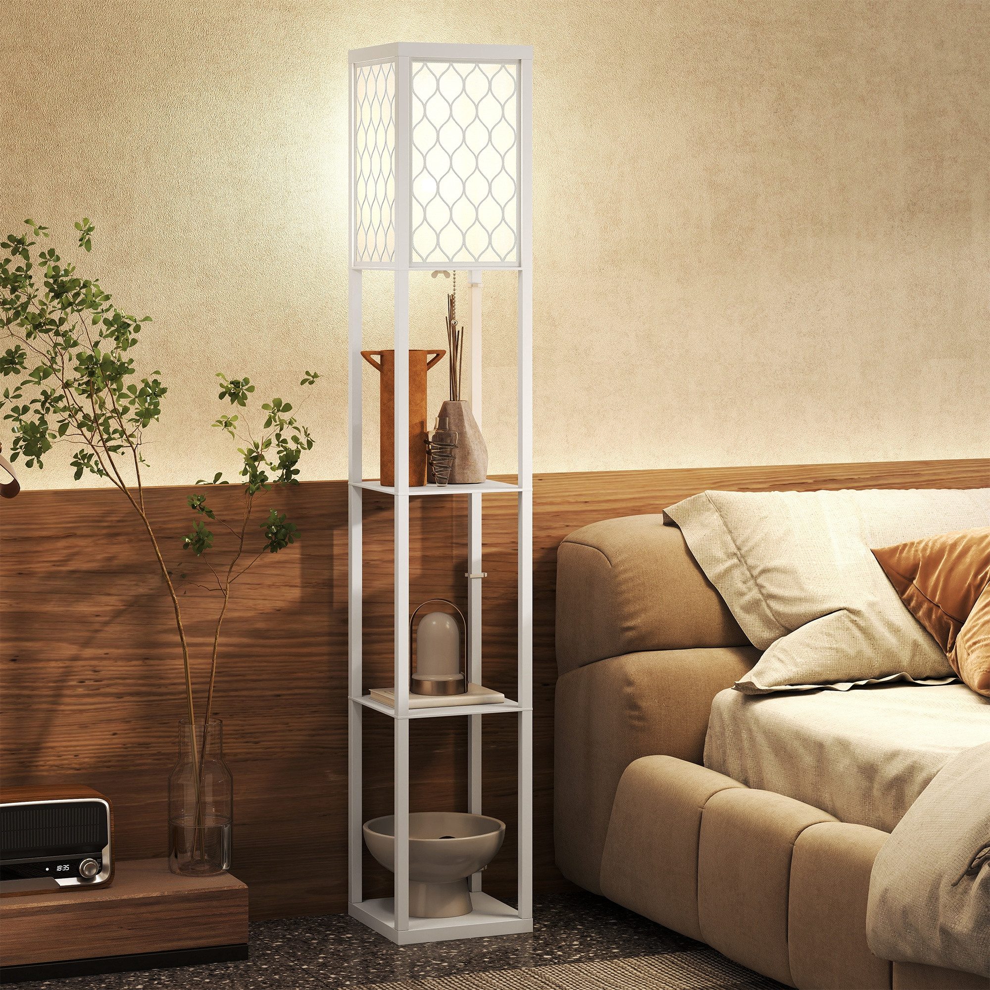 HOMCOM Stehlampe mit Regal, Ein-,Ausschalter, ohne Leuchtmittel, Warmweiß, 3 Fächer Stauraum, Weiß