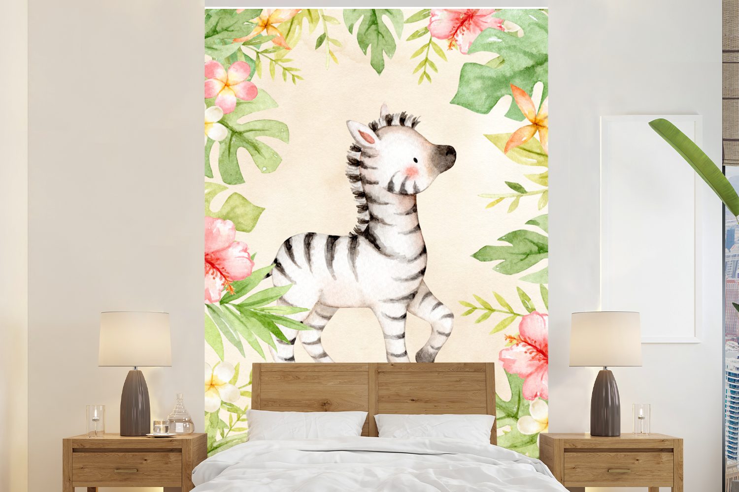 MuchoWow Fototapete Zebra - (3 Dschungel Montagefertig Tapete Wohnzimmer, - St), bedruckt, für Wandtapete Matt, Vinyl Aquarell