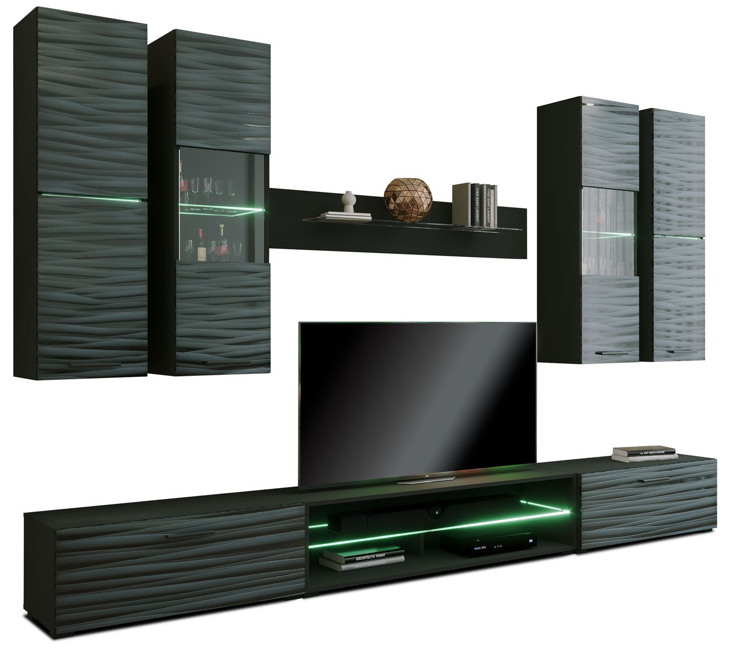 Feldmann-Wohnen Wohnwand Parla, (4 Hängeschränke (1 Glasboden/2 Einlegeböden), 3 Lowboards, 1 Wandregal, 8-St., moderne Optik, 3D Fronten, Kunststoffgriffe, LED-Beleuchtung), 8-teilig schwarz matt / Sahara Hochglanz 3D Dekor, 8-teilig