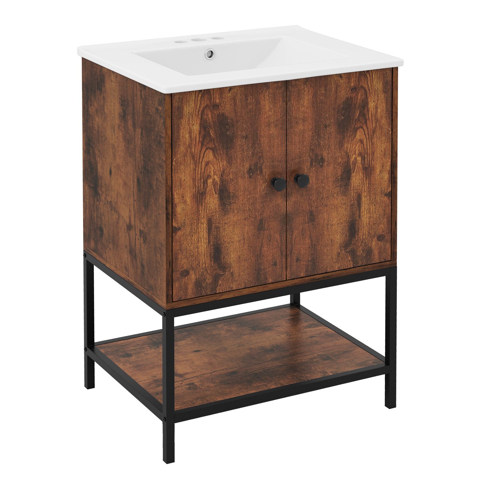 COSTWAY Waschbeckenunterschrank mit Waschbecken, Türen & offenem Fach, 61x46,5x87cm