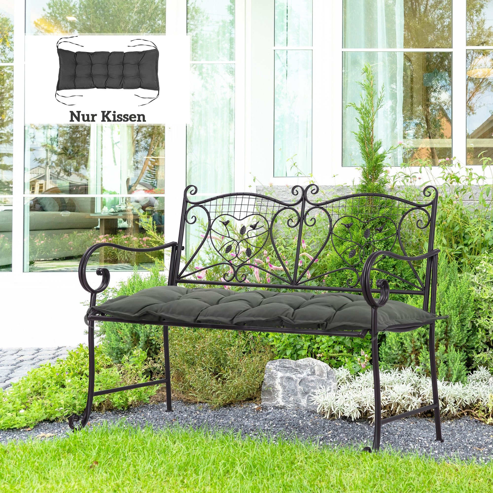 Outsunny Sitzkissen mit Bindebänder, 10cm dick, waschbar, 100 x 40 cm, für Haus, Garten, Sofa, Stühle, Dunkelgrau
