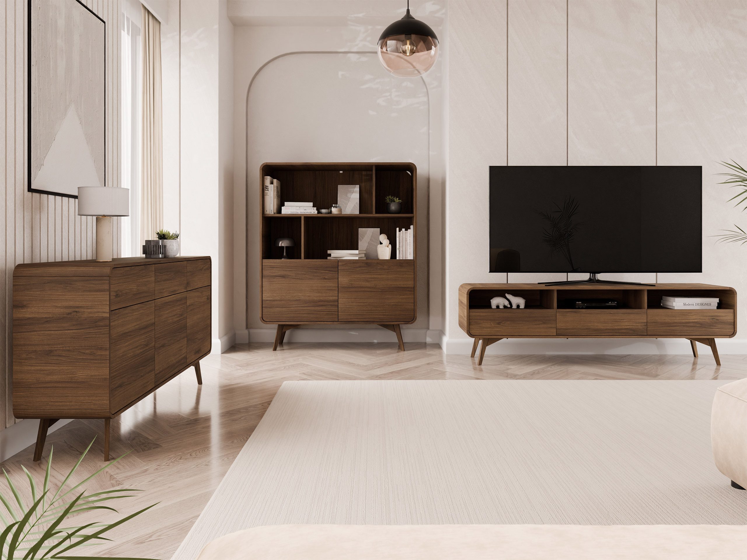 MIRJAN24 Wohnzimmer-Set Helion I, (3er-Set, Kommode, TV-Lowboard, Regal), Holzfüße in der Farbe Nuss Warmia