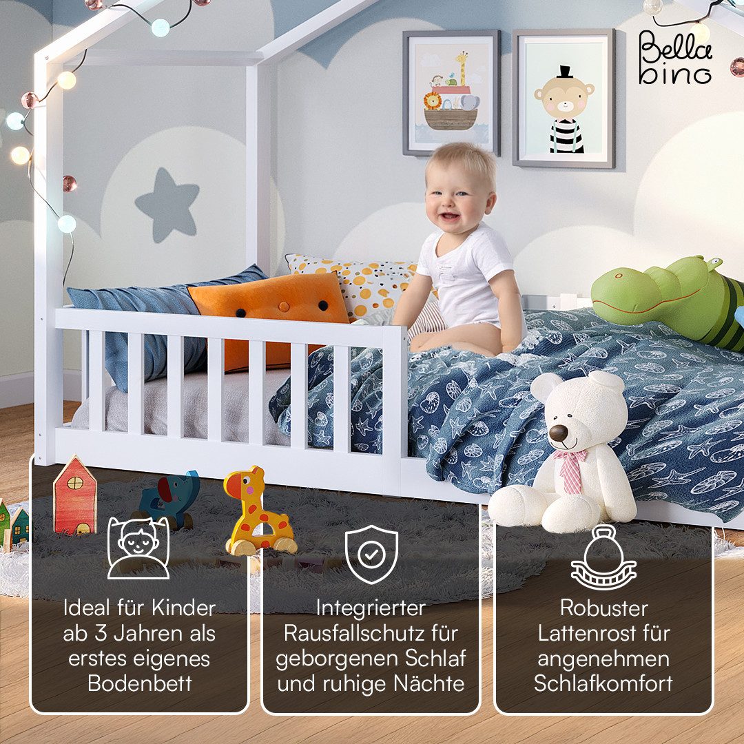 Bellabino Hausbett Bia mit Lattenrost (weiß, optional mit Matratze), Bodenbett mit Rausfallschutz, verfügbar in 80x160 & 90/120/140x200 cm