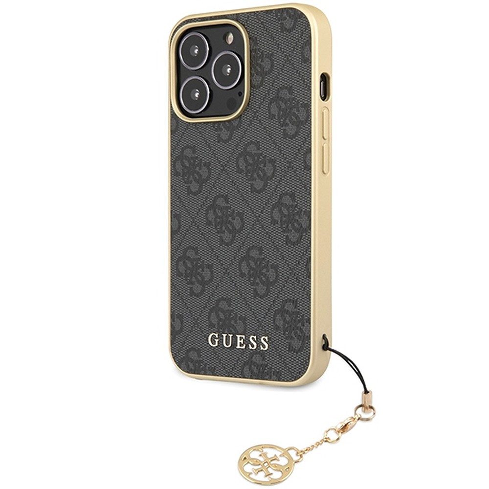Guess Handyhülle Schutzhülle Anhänger, Goldfarbener Charm-Anhänger, 4G-Musterdruck, Kunstleder-Optik