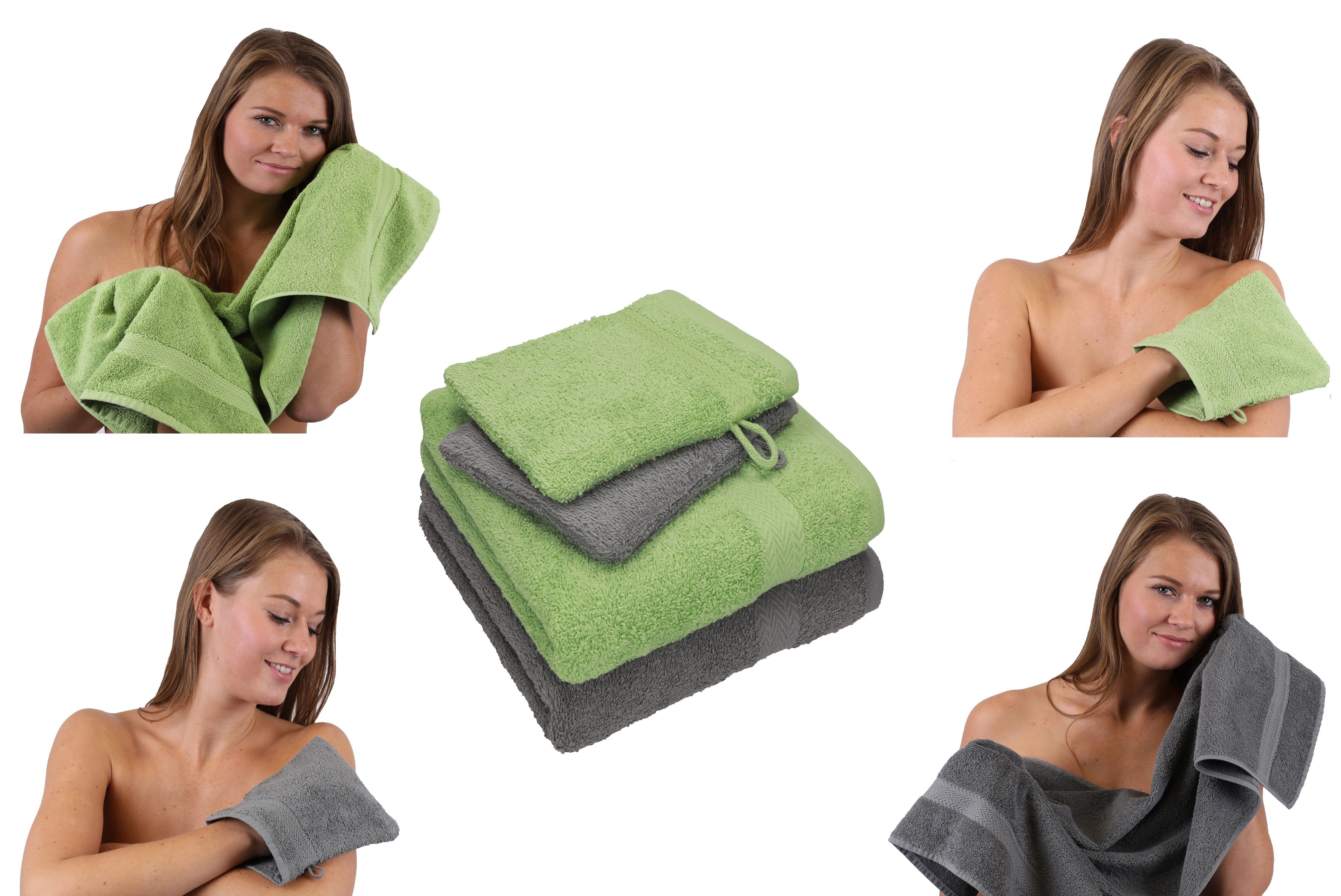 Pack TLG. anthrazit 2 100% 2 Set 4 Happy Baumwolle apfelgrün Set Baumwolle Handtuch - Waschhandschuhe, grau 100% Handtuch Handtücher Betz