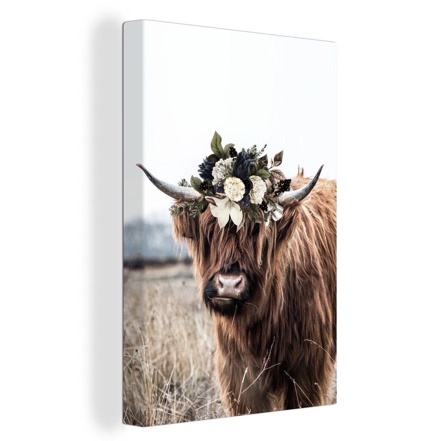 OneMillionCanvasses® Leinwandbild Scottish Highlander - Gras - Blumen, (1 St), Leinwandbild fertig bespannt inkl. Zackenaufhänger, Gemälde, 20x30 cm