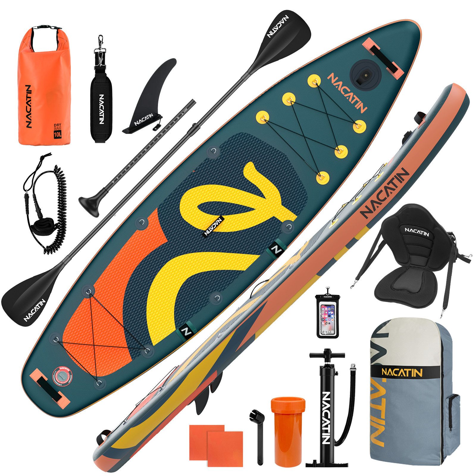 NACATIN Inflatable SUP-Board 10'6" mit Kajaksitz, Zubehör, Paddel, Pumpe, 10L Tasche & Leine, Komplettset für Erwachsene, Bis 200 kg