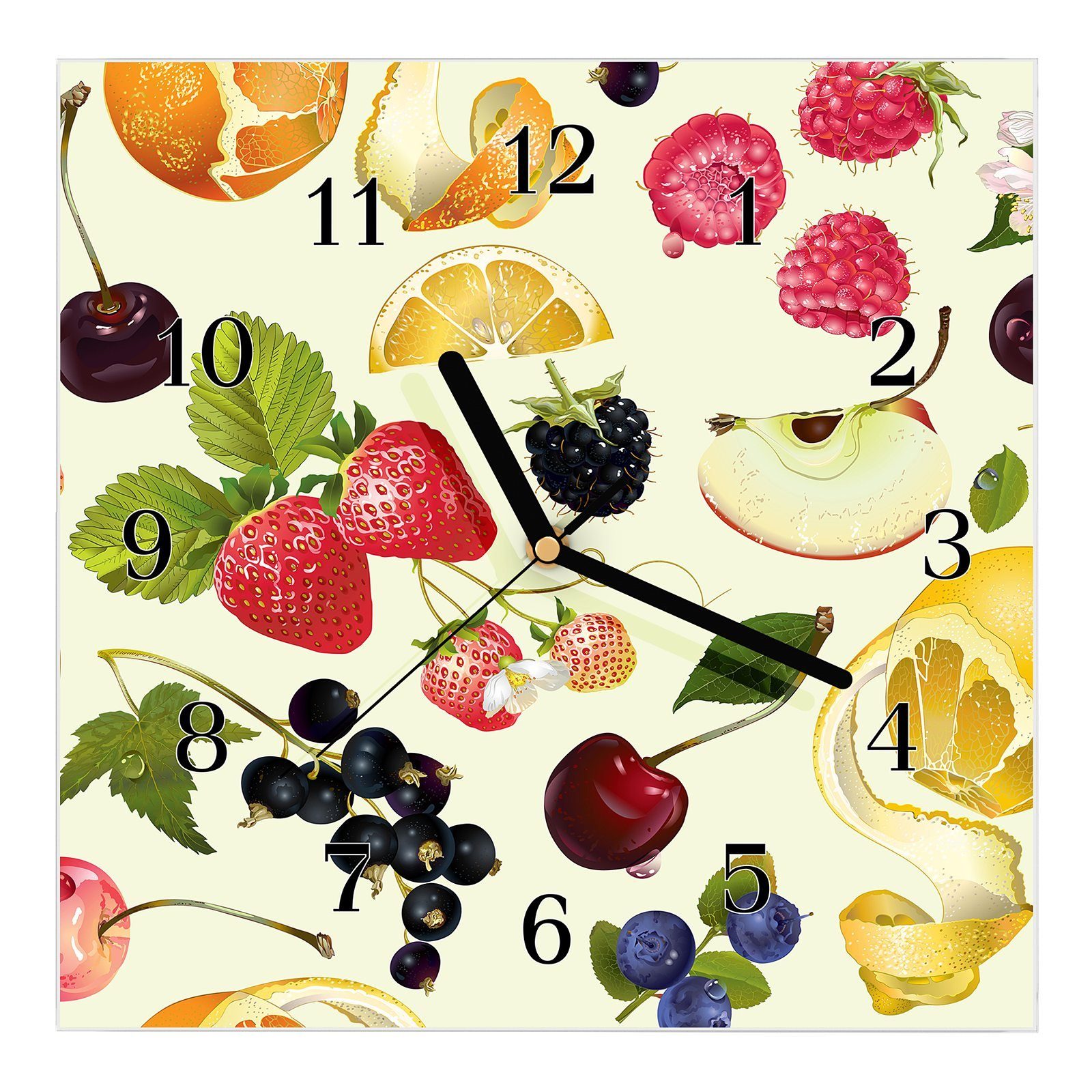 Primedeco Wanduhr Glasuhr Wanduhr Wandkunst Größe 30 x 30 cm mit Motiv Muster aus Obst