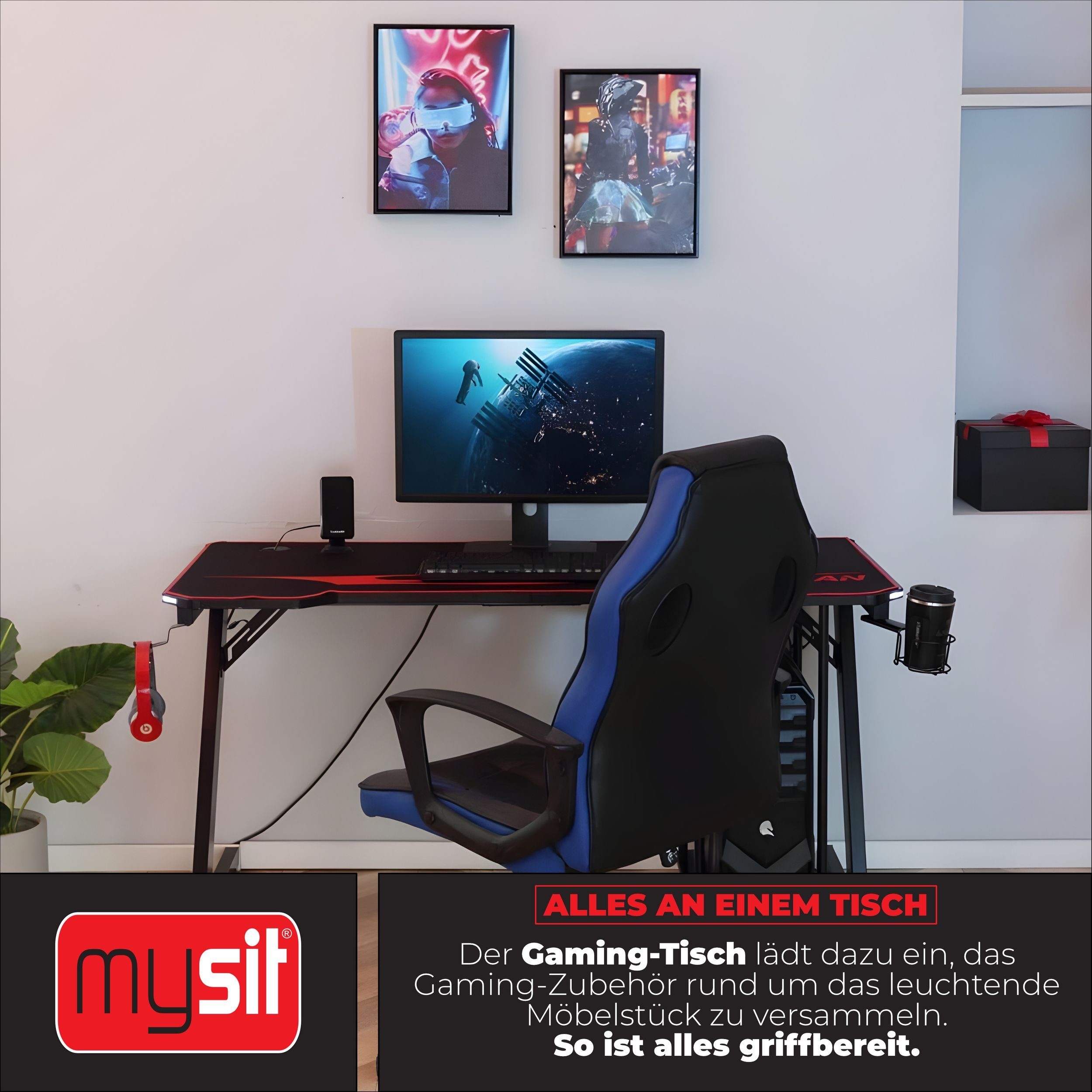 MY SIT Schreibtisch Gaming Tisch 140 cm TITAN mit LED Beleuchtung und Mausp günstig online kaufen