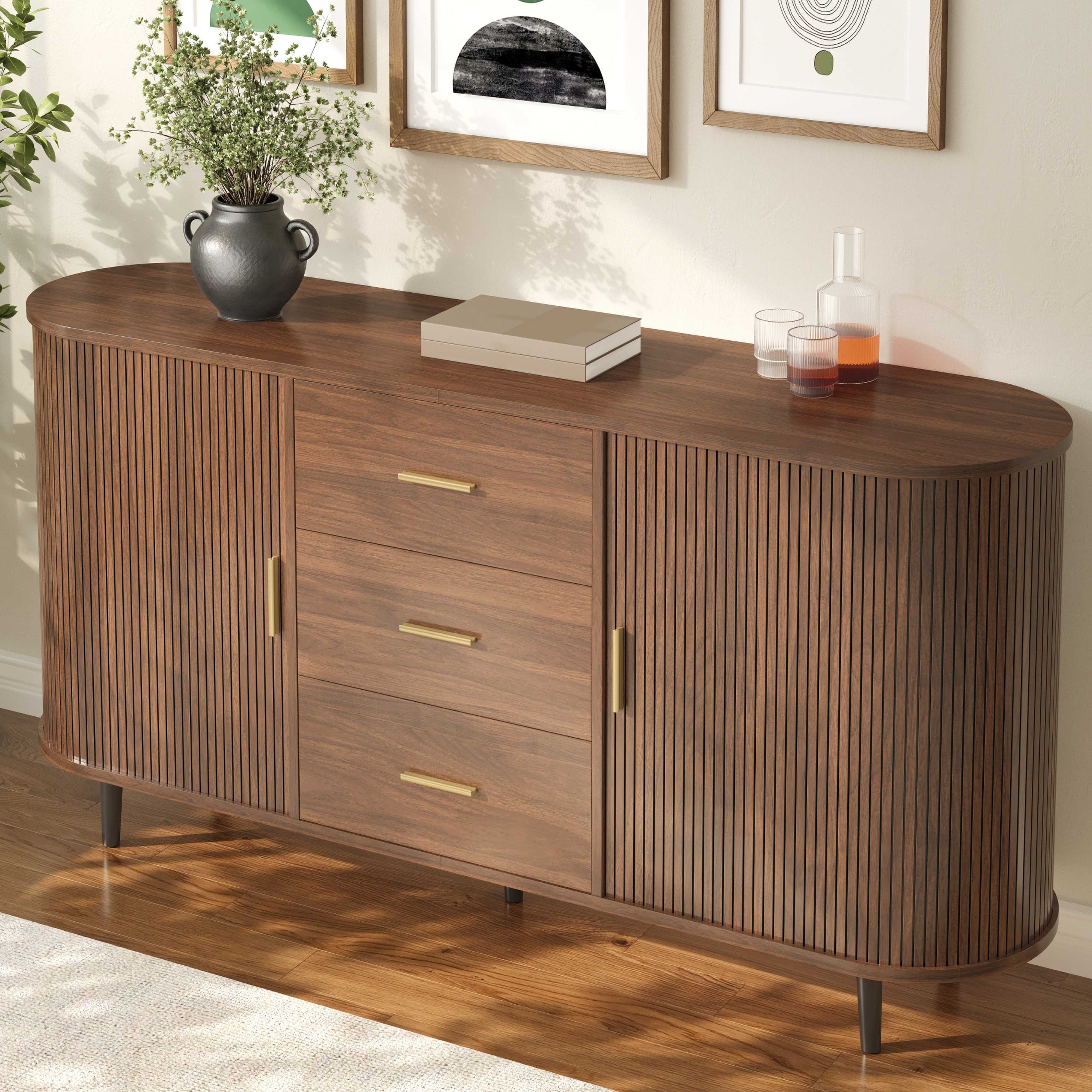 BlingBin Sideboard Schubladenschrank Anrichte Kommode Abgerundetes (2 Packung, 1 St., mit 3 Schubladen,Lamellen-Schiebetüren und verstellbaren Einlegeböden), 160x40x80,5 cm,für Wohnzimmer & Essbereich