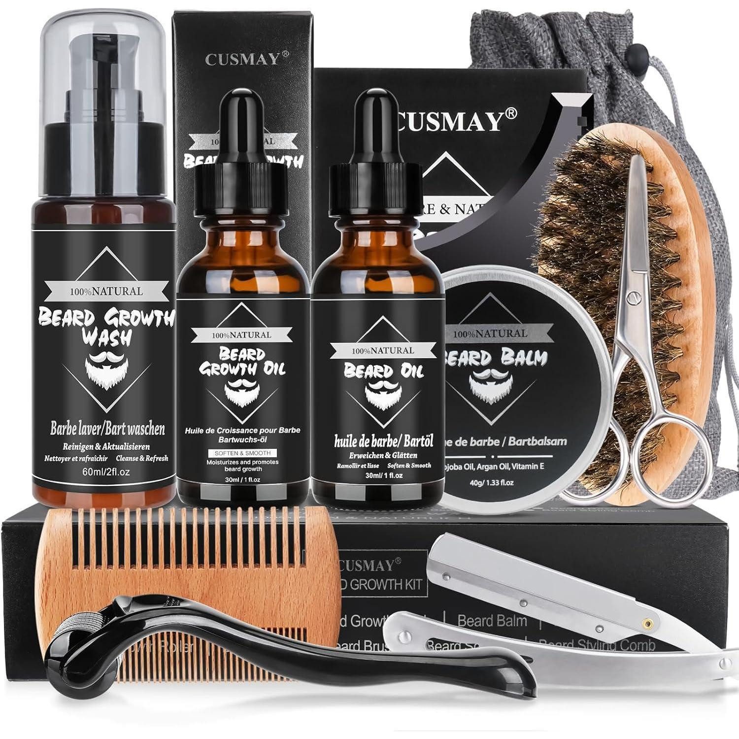 CUSMAY Pflege-Geschenkset Premium Bartwachstumsset 11 in 1 für Männer Geschenke Bartwuchsserum