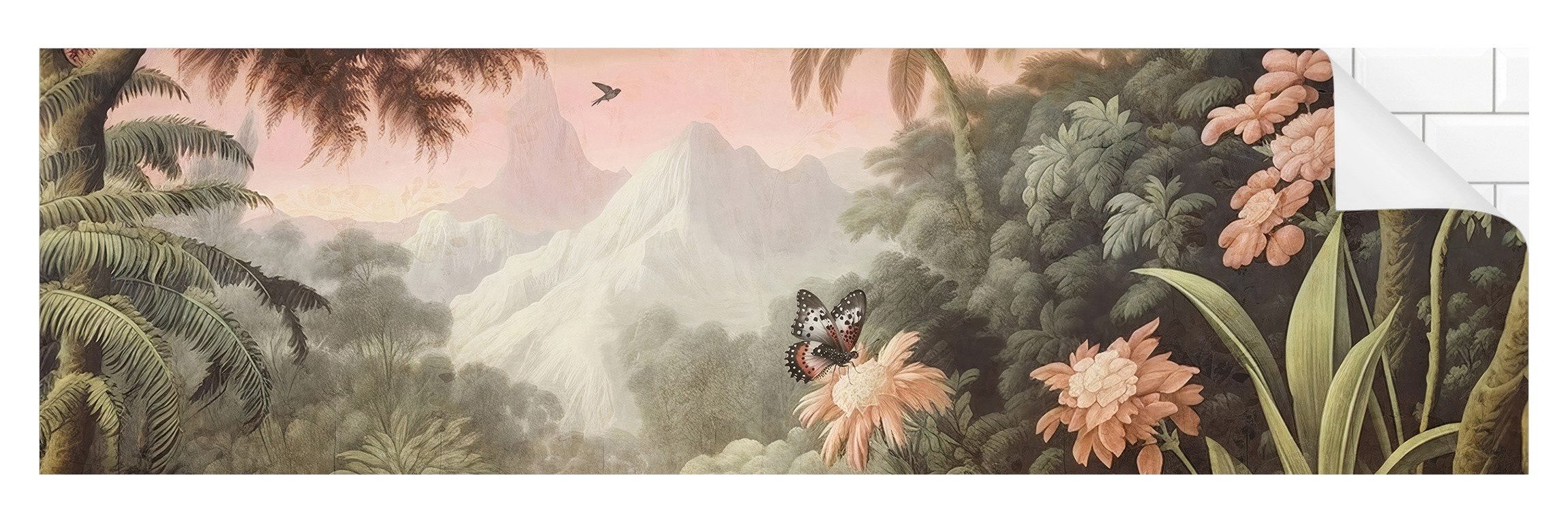 Bilderdepot24 Badrückwand grün fugenlose Wandverkleidung Bad Tropisch, (Hartfolie matt » Selbstklebend SMART 0,35 mm), wasserfestes Wandpaneel Antiker Dschungel rosa Blüten