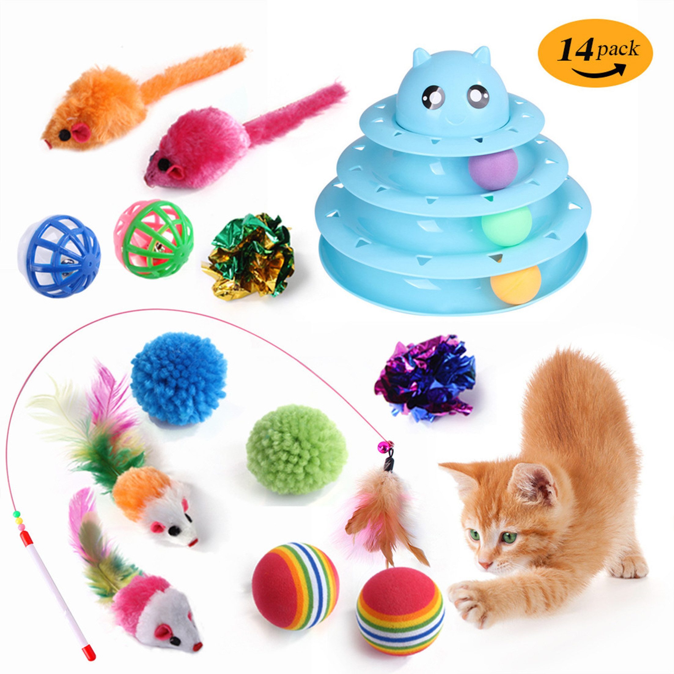 KINSI Katzen-Spielschiene Katzenspielzeug-Set, Angelstab mit Plüsch & Sound,interaktiv von KINSI