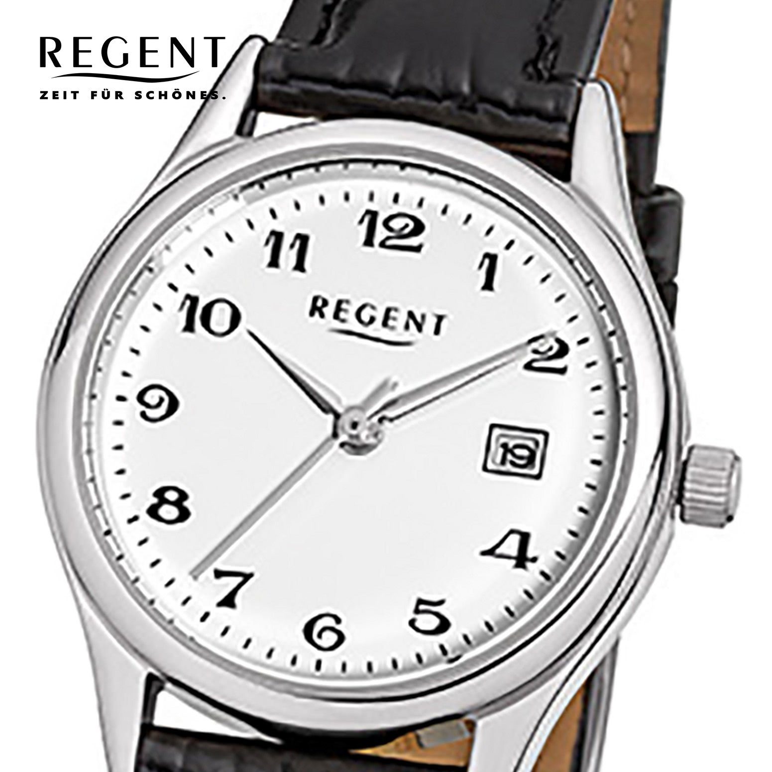 Regent Quarzuhr Regent Damen-Armbanduhr schwarz rund, klein Damen 28mm), (ca. Armbanduhr Analog, Lederarmband