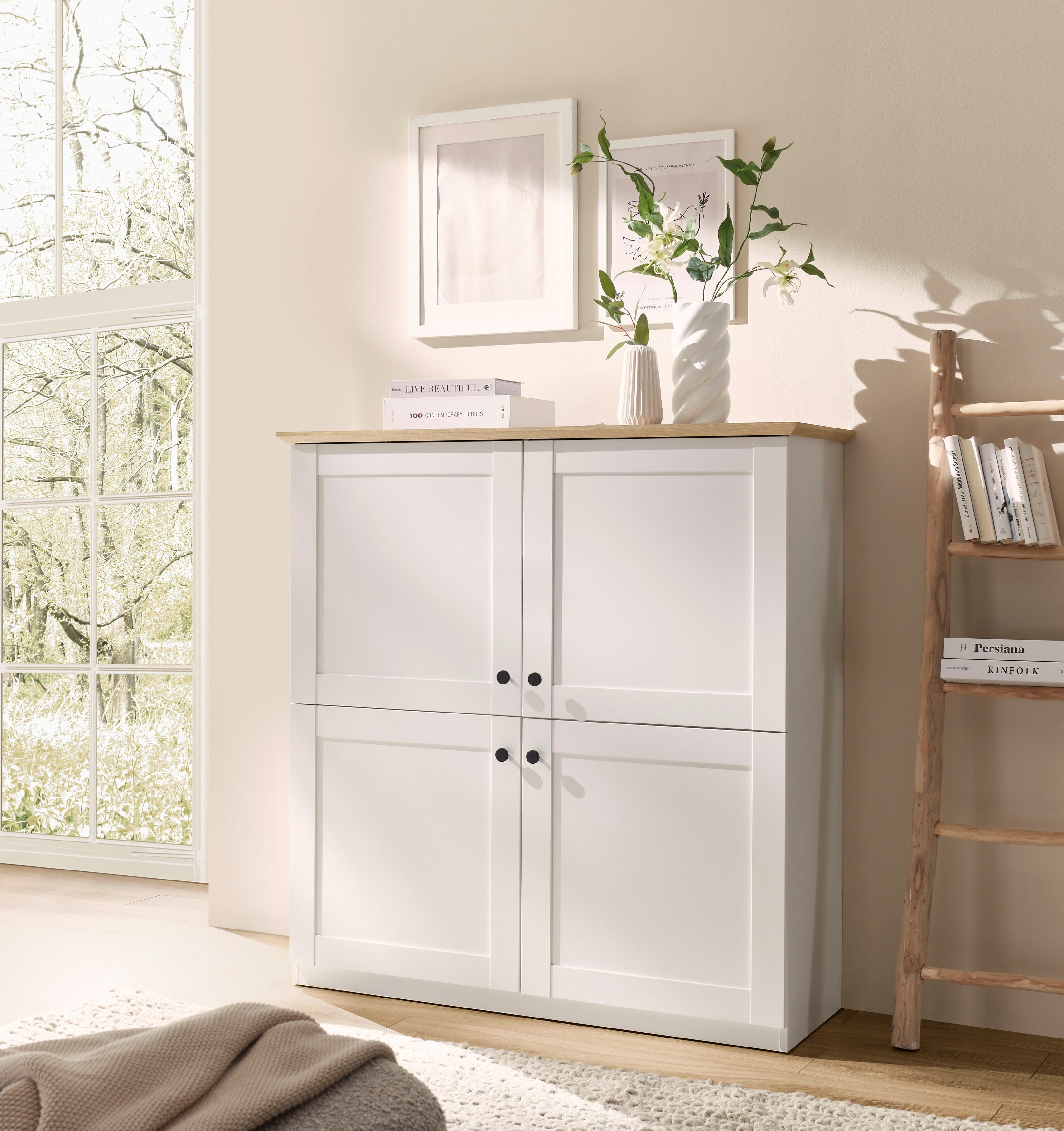OTTO home Highboard Brest, Schrank im Landhausstil, Wohnzimmerschrank, Mehrzweckschrank, schwarze Metallgriffe, ausreichend Stauraum, 128 cm hoch