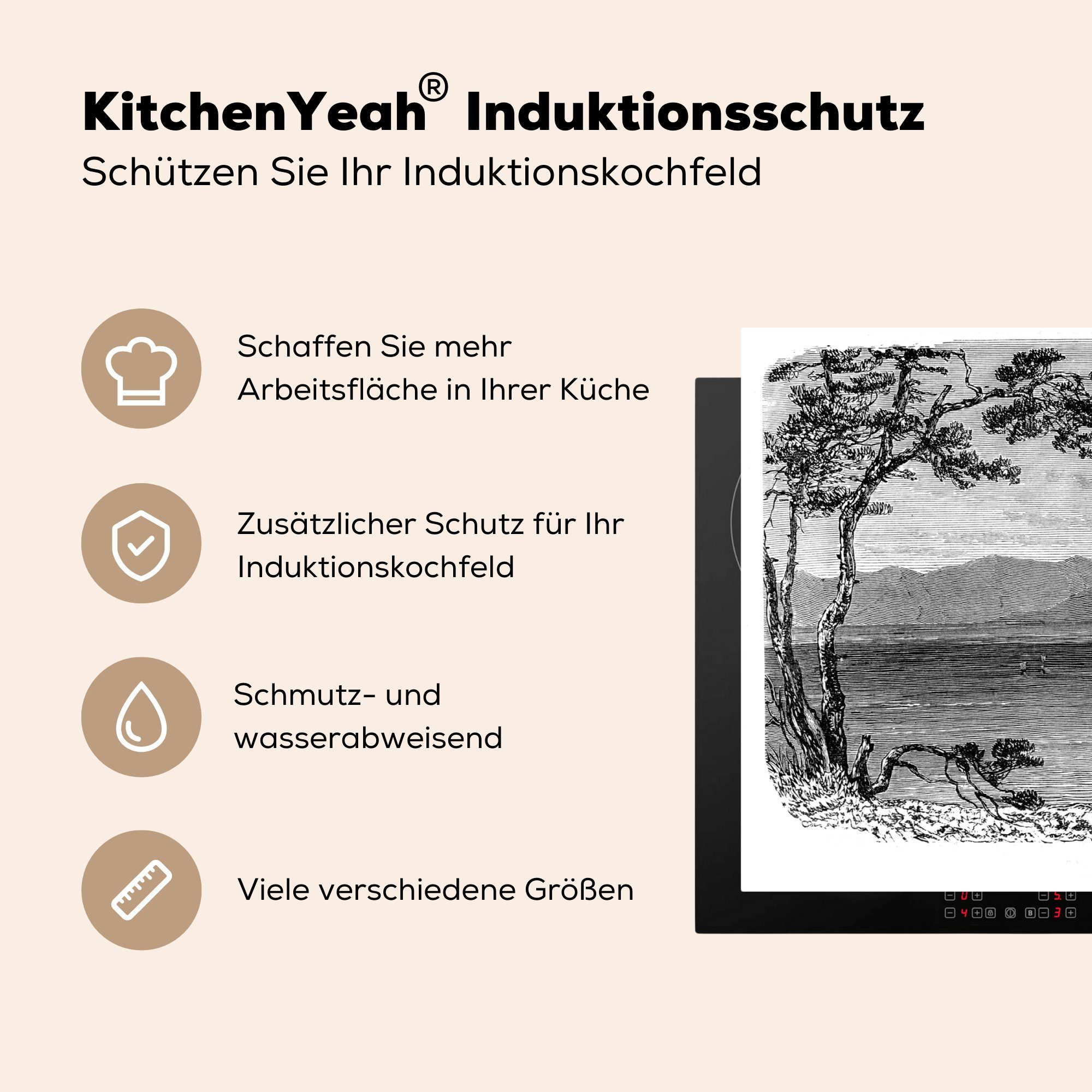 MuchoWow Herdblende-/Abdeckplatte Fuji, für küche Eine Vinyl, cm, des 83x51 Schwarz-Weiß-Abbildung Ceranfeldabdeckung, Mount (1 tlg), Arbeitsplatte