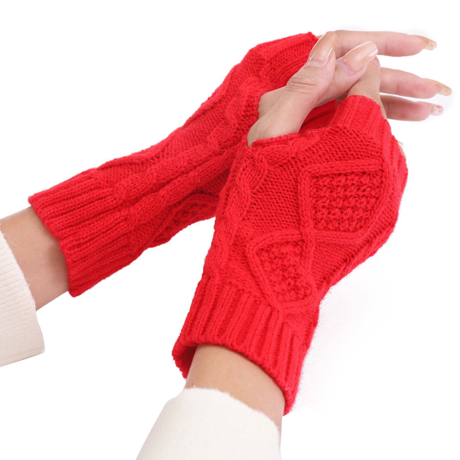 MAGICSHE Strickhandschuhe Fingerlose Handschuhe Damen Winter Wärmer Gestrickte Rot