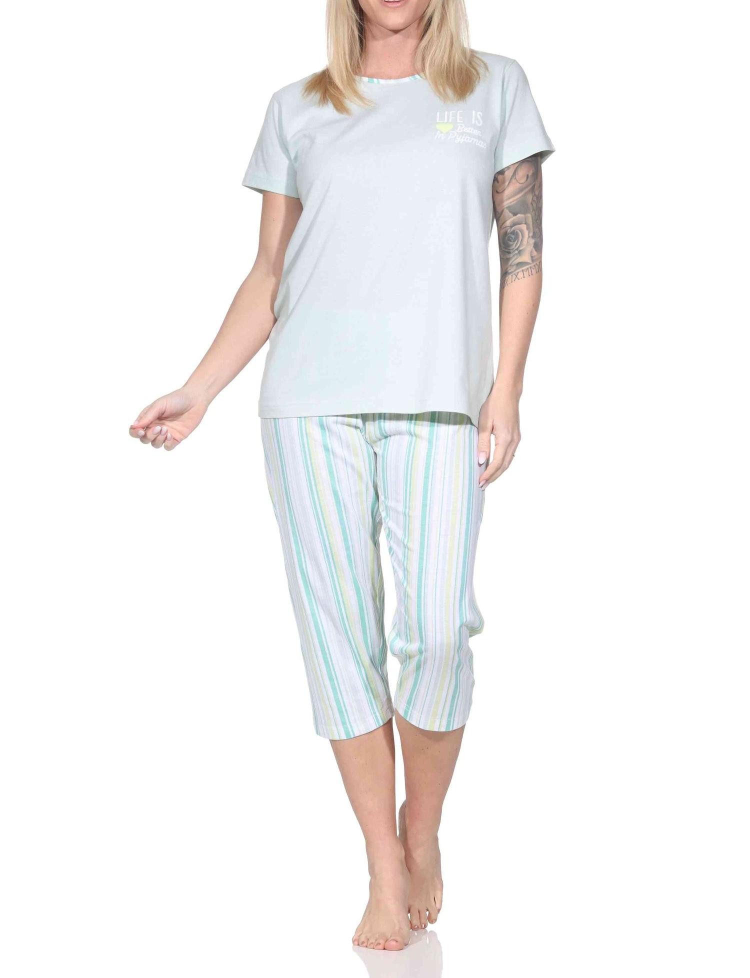 Normann Pyjama Normann Damen Schlafanzug kurzarm mit gestreifter Capri-Pyjamahose – Bild 2 von 4