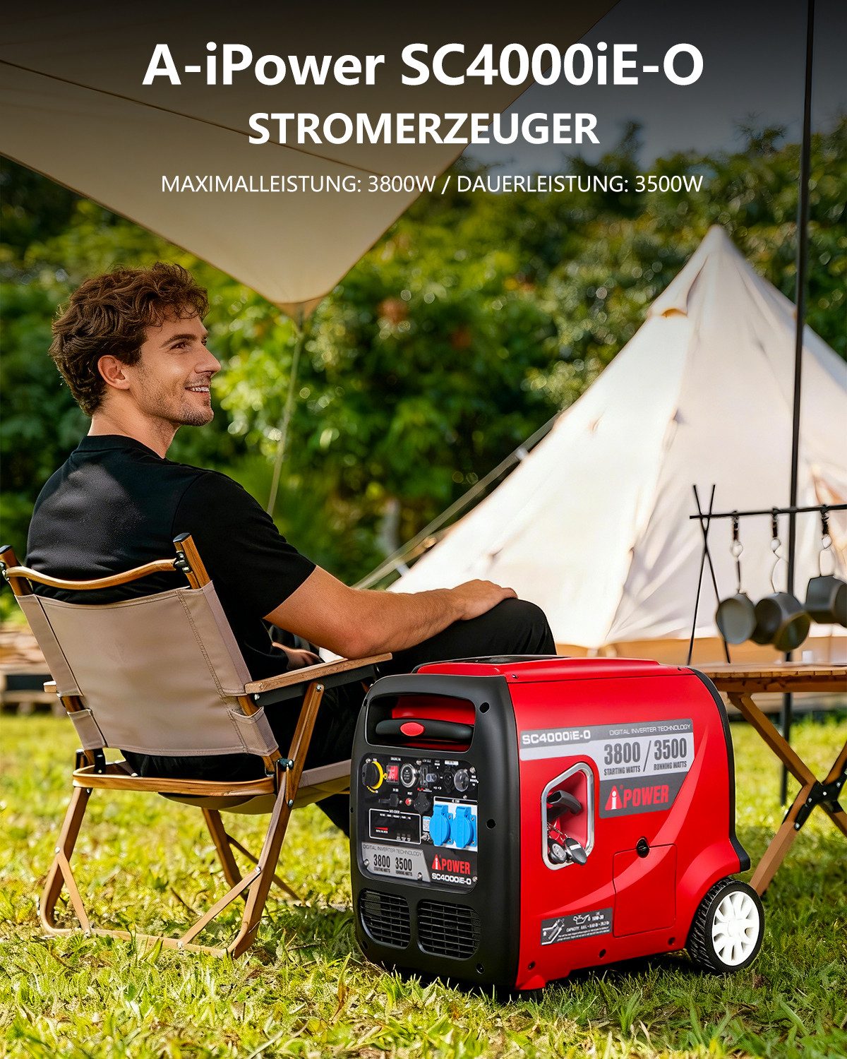 A-iPower Stromerzeuger SC4000iE-O, 3,8 in kW, (Benzin Stromgenerator Generator Notstromaggregat 4-Takt Motor Stromerzeuger Leise Paralleles Design), mit 2*230V Steckdosen