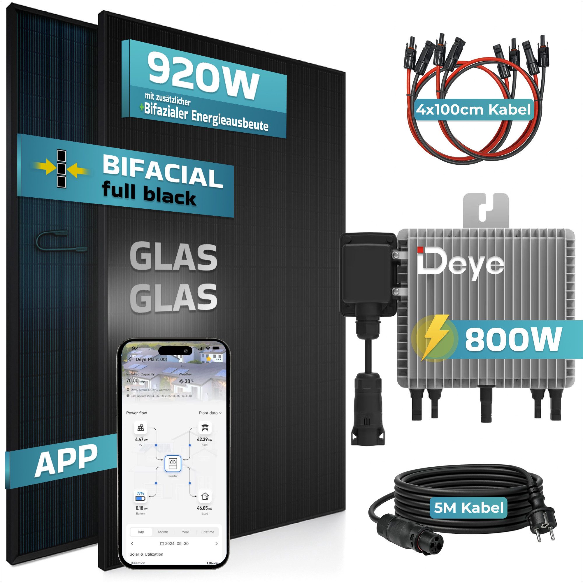 SUNNIVA Balkonkraftwerk 920W BIFAZIAL FULLBLACK komplett Steckdose, (DEYE 800W Wechselrichter, PV Solaranlage, 2x 460W Glas-Glas Solarmodule, inkl. 5m Kabel, Bluetooth WIFI, Komplettset)