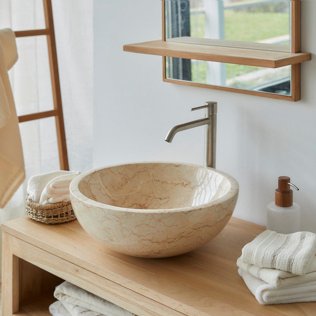 Tikamoon Waschbecken Waschbecken Aufsatzwaschbecken aus Marmor hell creme poliert rund