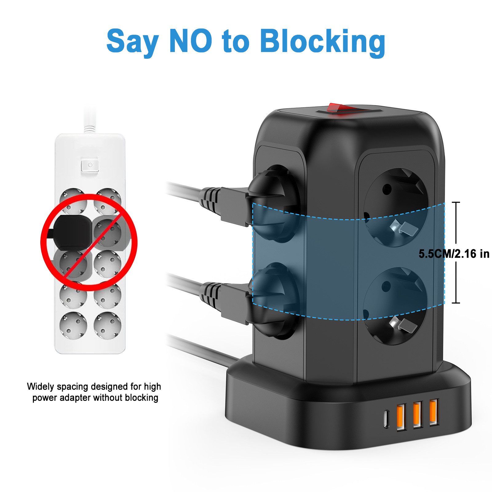 Toomoke 12-in-1 Steckdosenturm mit 8 Steckplätzen und 4 USB-Anschlüssen Mehrfachsteckdose 8-fach (3 USB A und 1 USB C Mehrfachsteckdose, Kabellänge 1.8 m), USB- – Bild 4 von 5