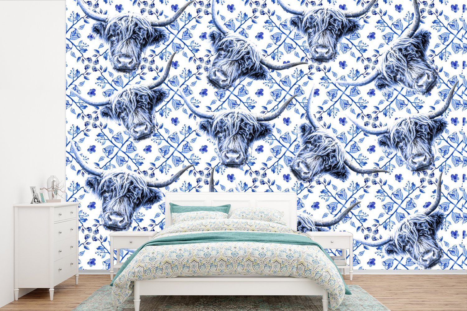 MuchoWow Fototapete Schottischer Highlander - Delfter Blau - Muster, Matt, bedruckt, (6 St), Wallpaper für Wohnzimmer, Schlafzimmer, Kinderzimmer, Vinyl Tapete