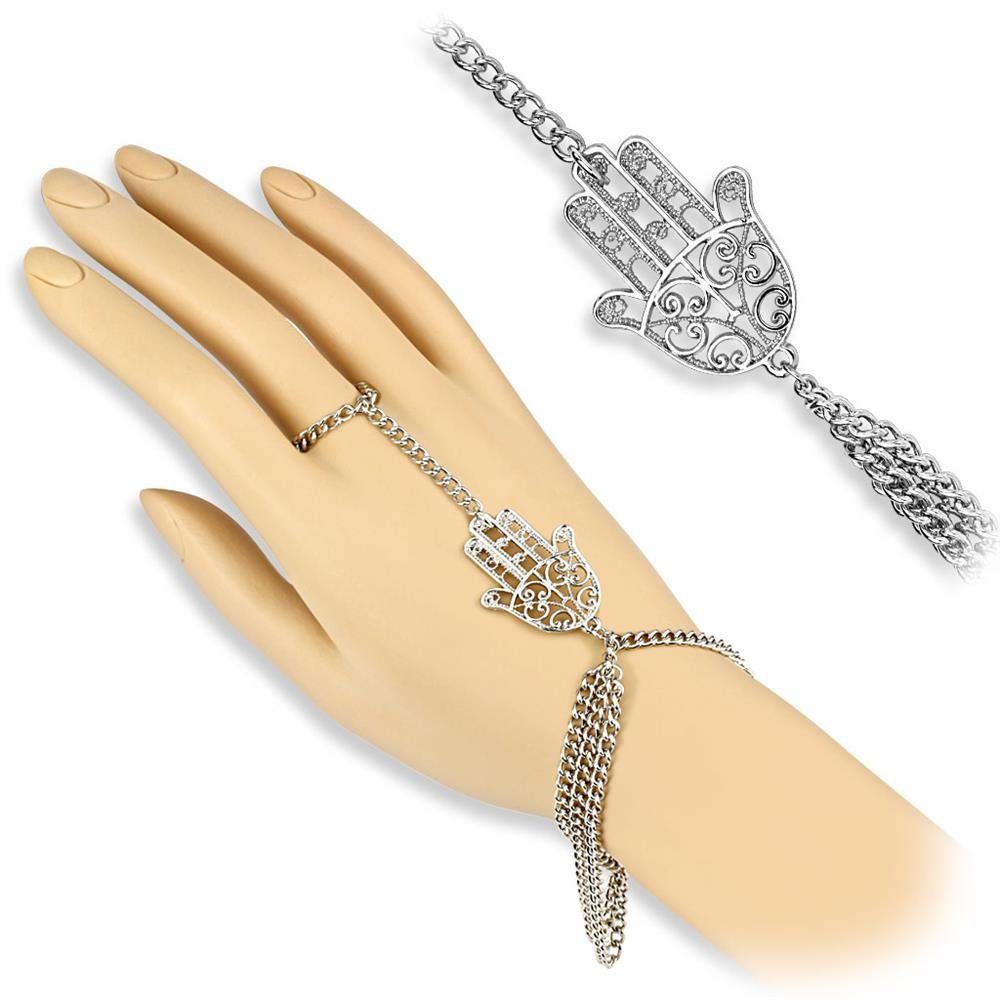 BUNGSA Bauchketten und Fußketten Set Handkette Hamsa Charm Silber aus Messing Damen (1-tlg), Fingerkette Damen