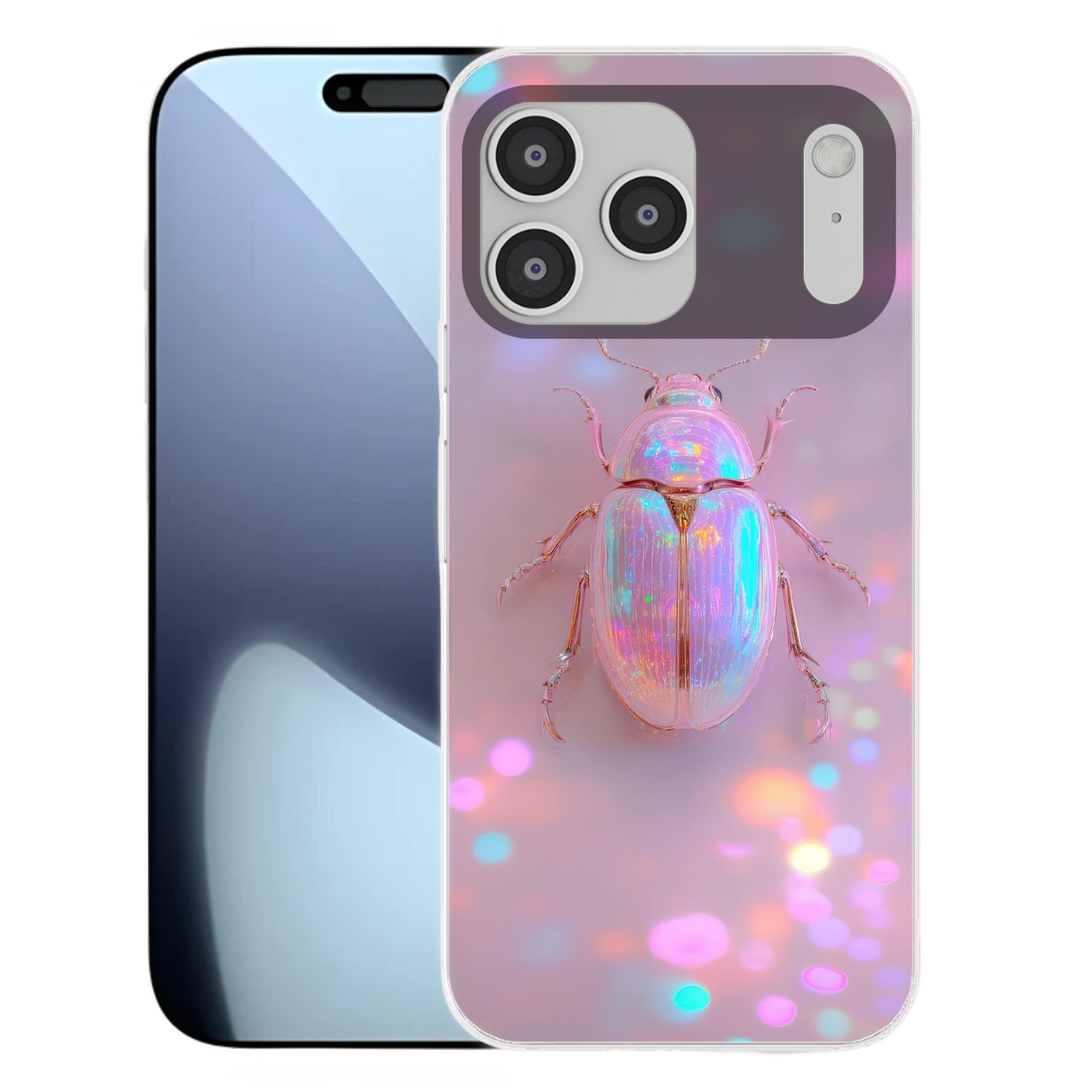 MuchoWow Handyhülle für Apple iPhone 17 Pro Max Käfer - Metallic - Lichteffekt - Rosa, Smartphone-Bumper, Print, Handy Schutzhülle Dünn