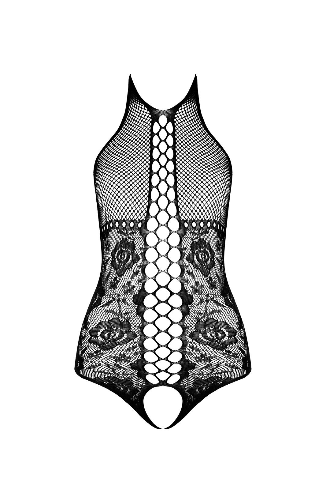 Passion Body Ouvert-Body in schwarz aus Netz Blumenmuster