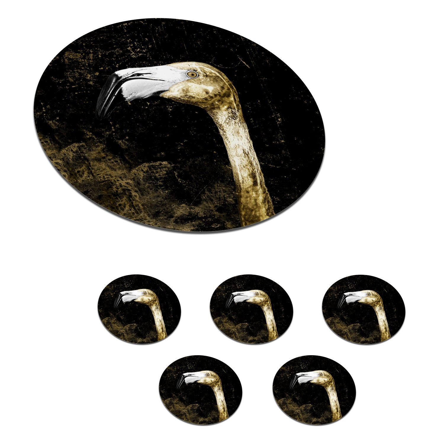 MuchoWow Glasuntersetzer Flamingo - Vogel - Blätter - Gold, Zubehör für Gläser, 6-tlg., Getränkeuntersetzer, Tassenuntersetzer, Korkuntersetzer, Tasse, Becher