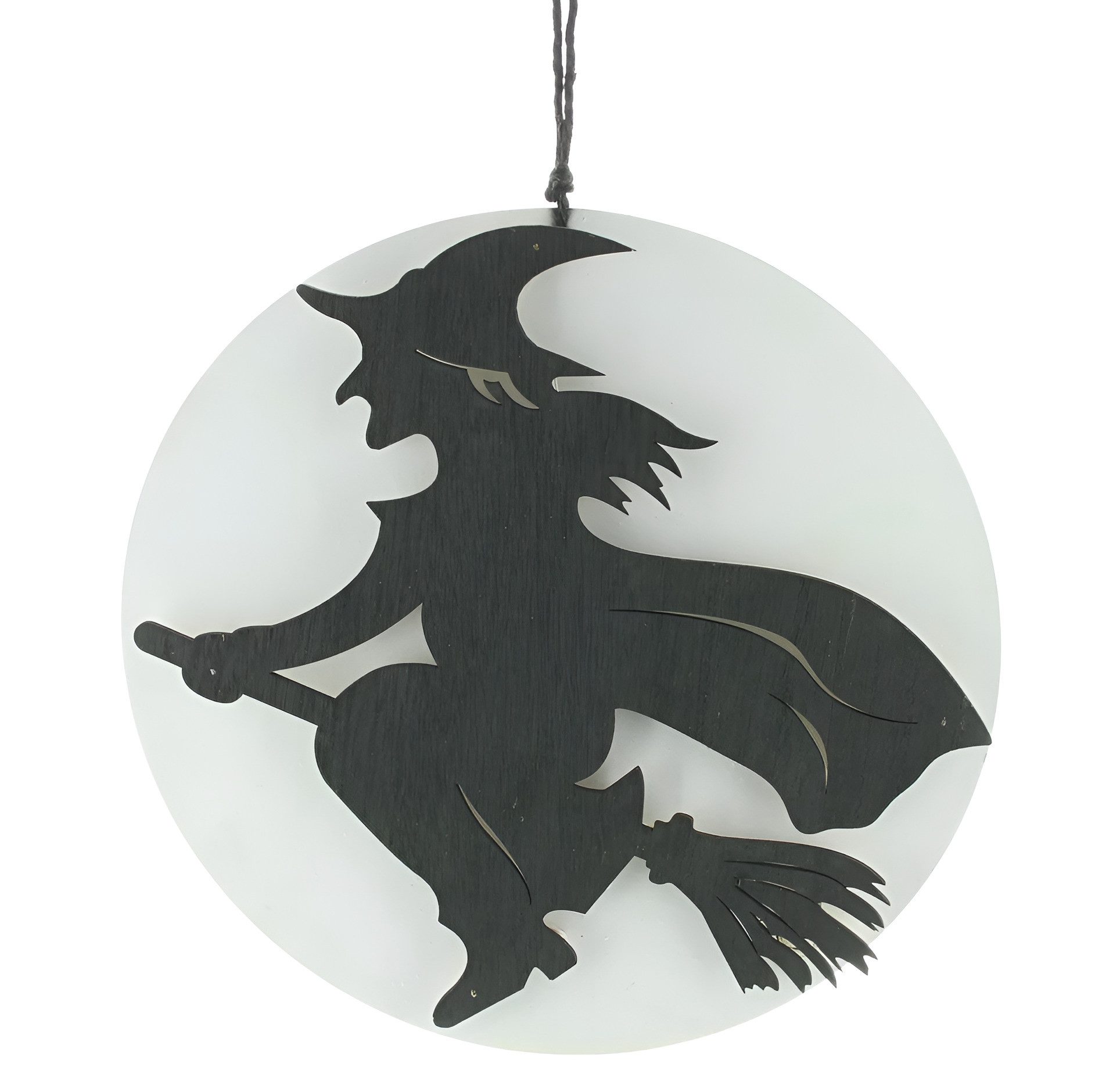 Dekoleidenschaft Dekohänger "Fliegende Hexe" aus Holz, mit LED Beleuchtung, Ø 30 cm, Halloweendeko, Hängedeko, Holzdeko, Leuchtdeko zum Aufhängen