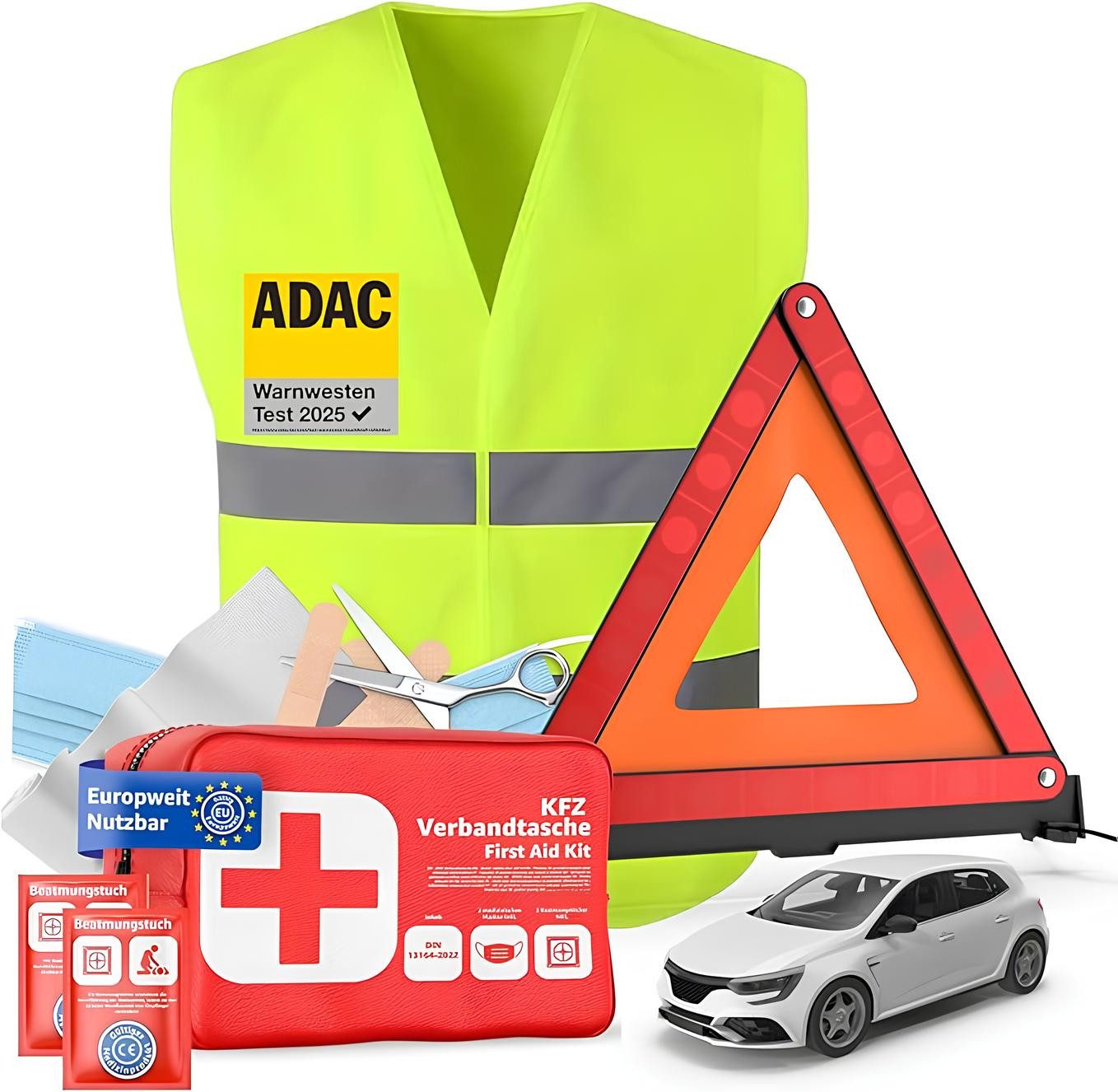 Erste-Hilfe-Set 3 in 1 KFZ Set - KFZ-Verbandskasten, Warnweste, Warndreieck