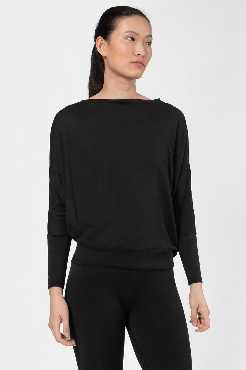 KULA Black Langarmshirt TOP W Longsleeve bequemer Merino Merino-Materialmix Jet SUPER.NATURAL