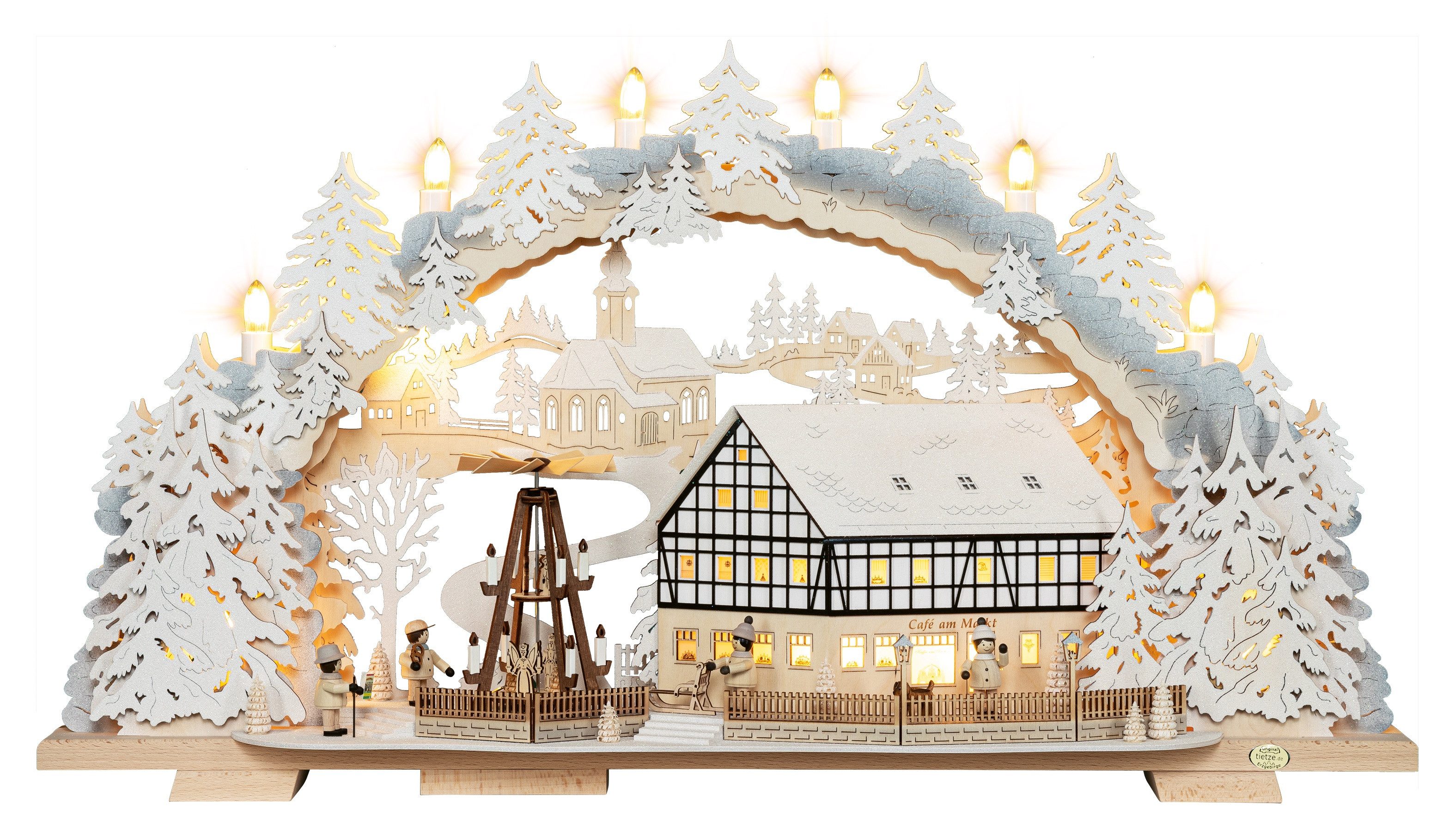Tietze Erzgebirgsdesign LED Schwibbogen variabel, Cafe am Markt beschneit, 70x39x12,5 cm (BxHxT)