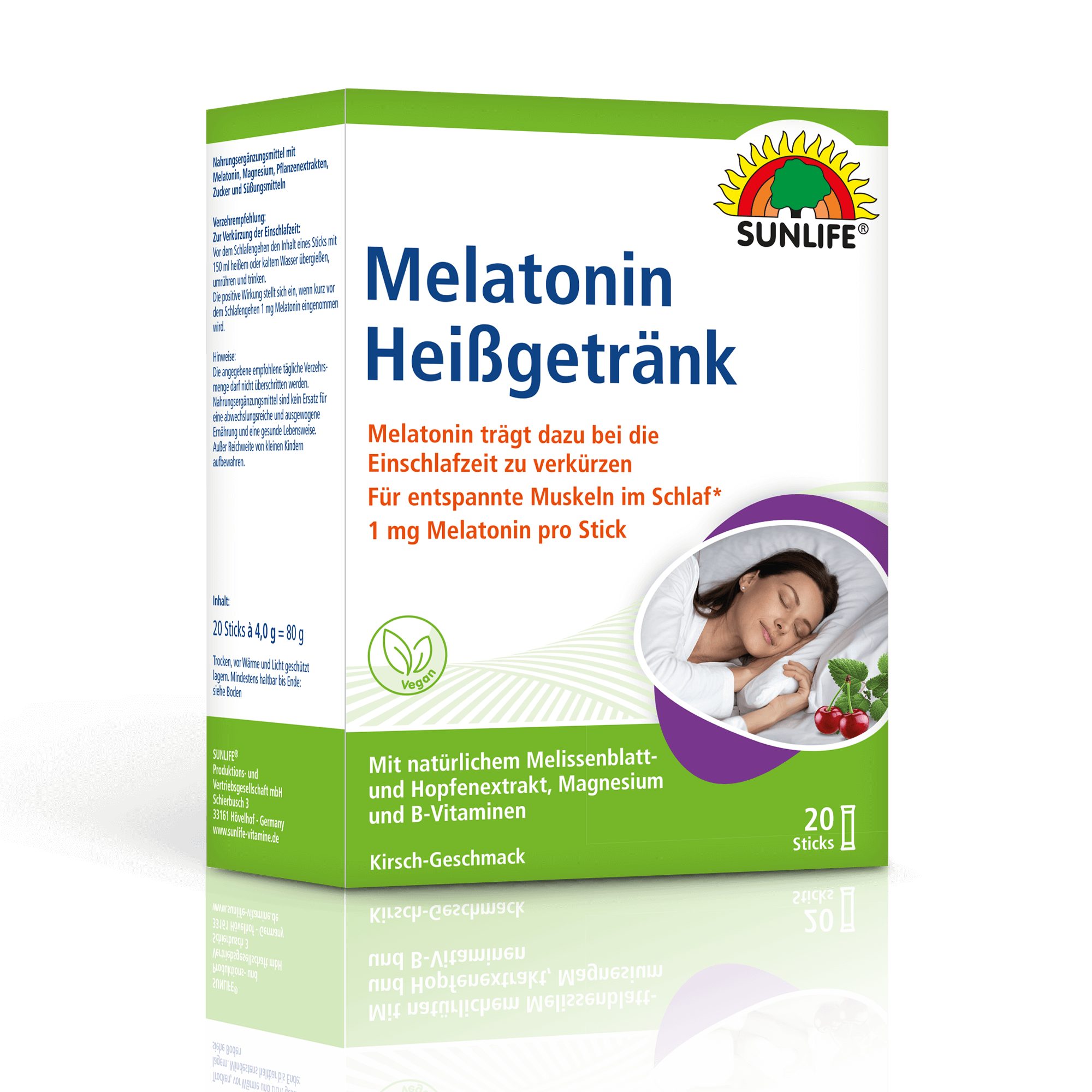 SUNLIFE SUNLIFE® Melatonin Heißgetränk Kirschgeschmack zum Einschlafen Vor dem Schlafengehen den Inahlt eines Sticks mit 150 ml heißem oder kaltem Wasser übergießen, umrühren und trinken