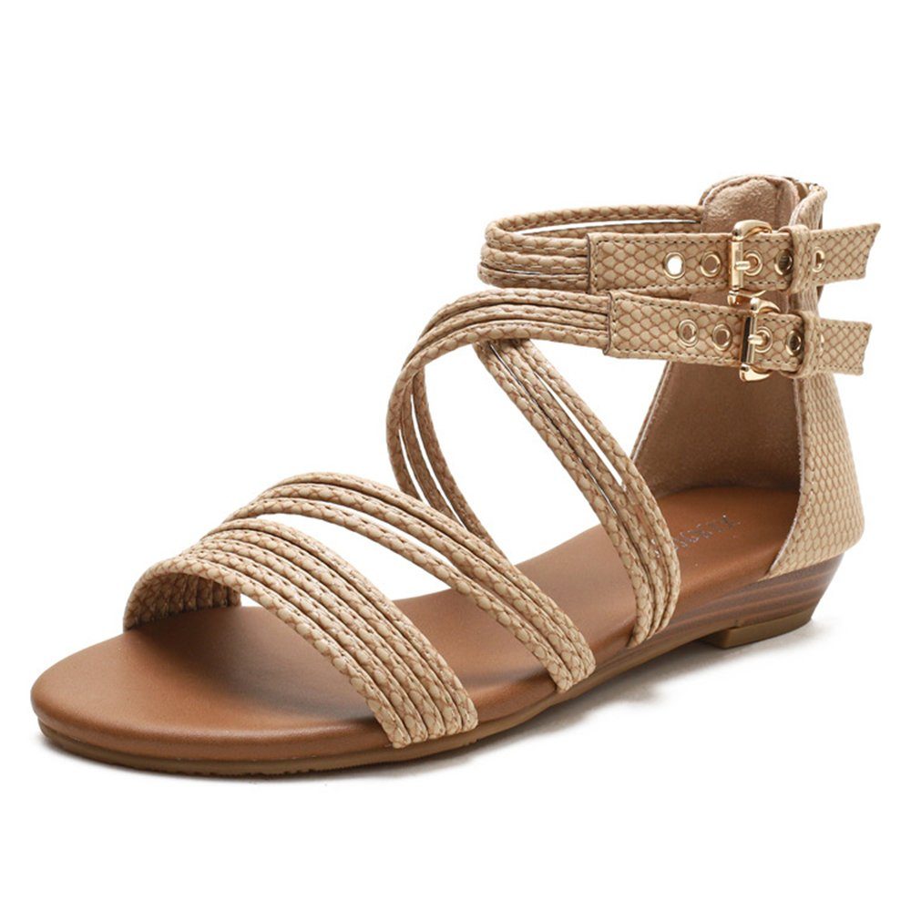 GelldG Sandalen Damen Sandaletten Espadrilles mit Keilabsatz Riemchensandale Aprikose