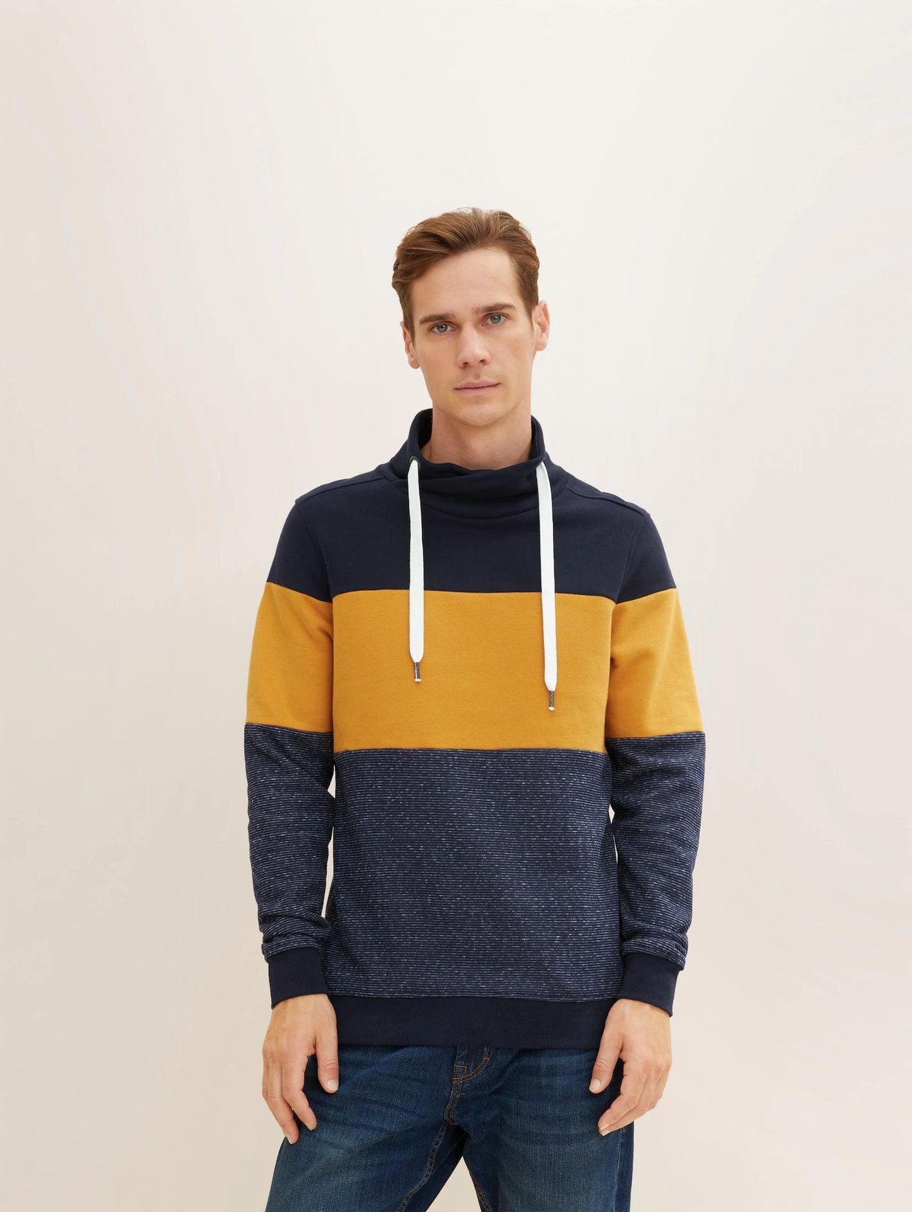 snood Sweater cutline Pullover TAILOR in Colorblock Gestreifter 4667 Strickpullover Blau Schalkragen TOM