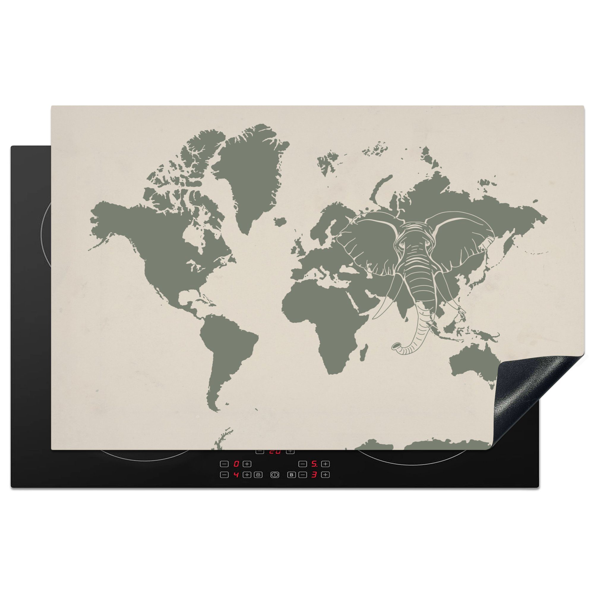 MuchoWow Herdblende-/Abdeckplatte Weltkarte - Tiere - Elefant, Vinyl, (1 tlg), 81x52 cm, Induktionskochfeld Schutz für die küche, Ceranfeldabdeckung