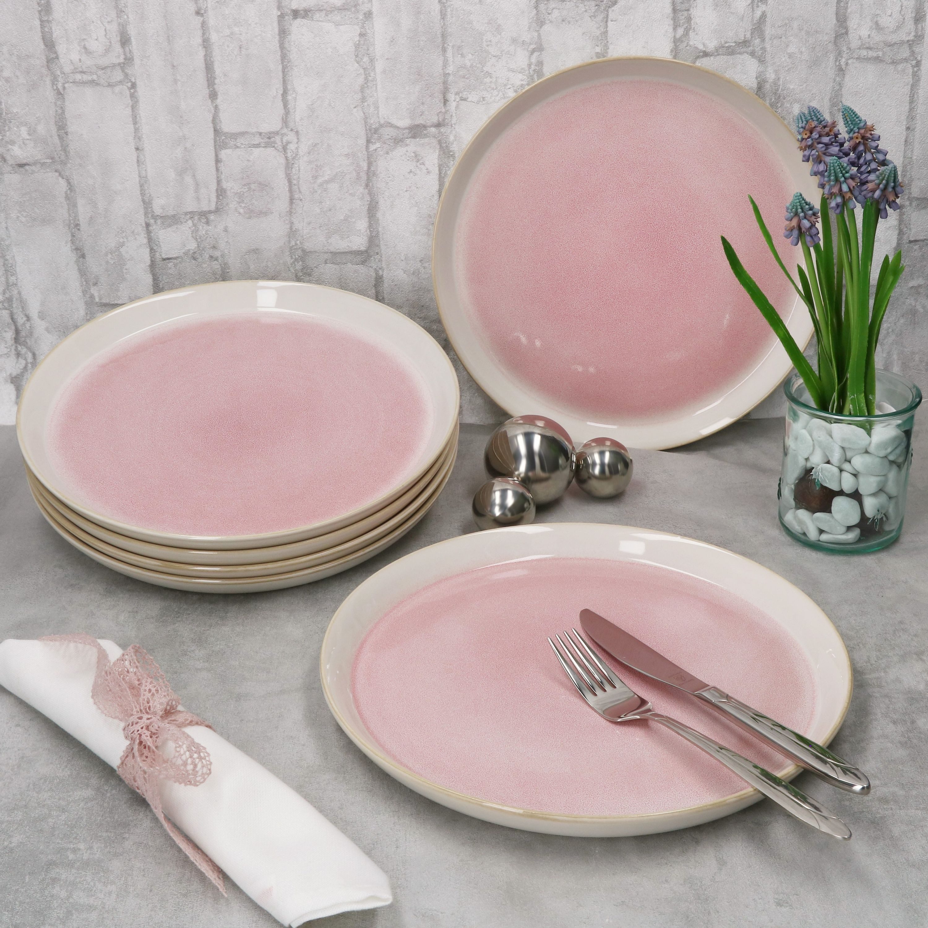 MamboCat Speiseteller 6x Reactive Glaze Paris Speiseteller 6 Personen Creme Pink Essteller – Bild 5 von 5