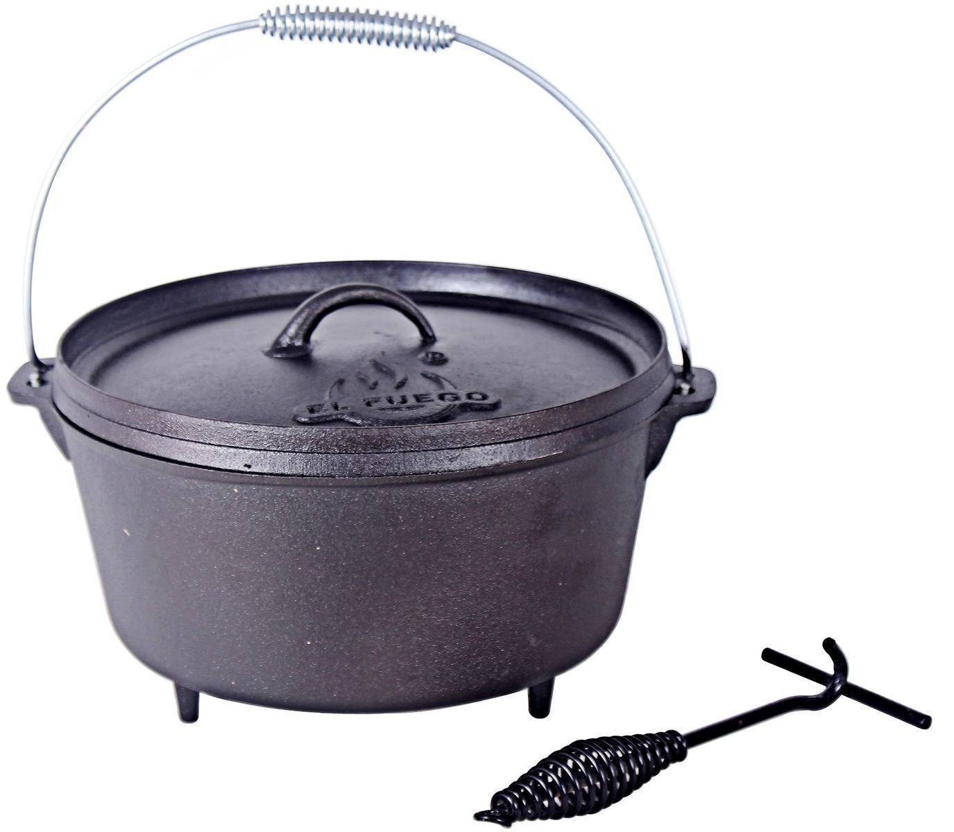 El Fuego Grilltopf AY0463, (Komplett-Set, inkl. Deckel, Schürhaken und Tragebügel), Gusseisen, 3 Standfüße