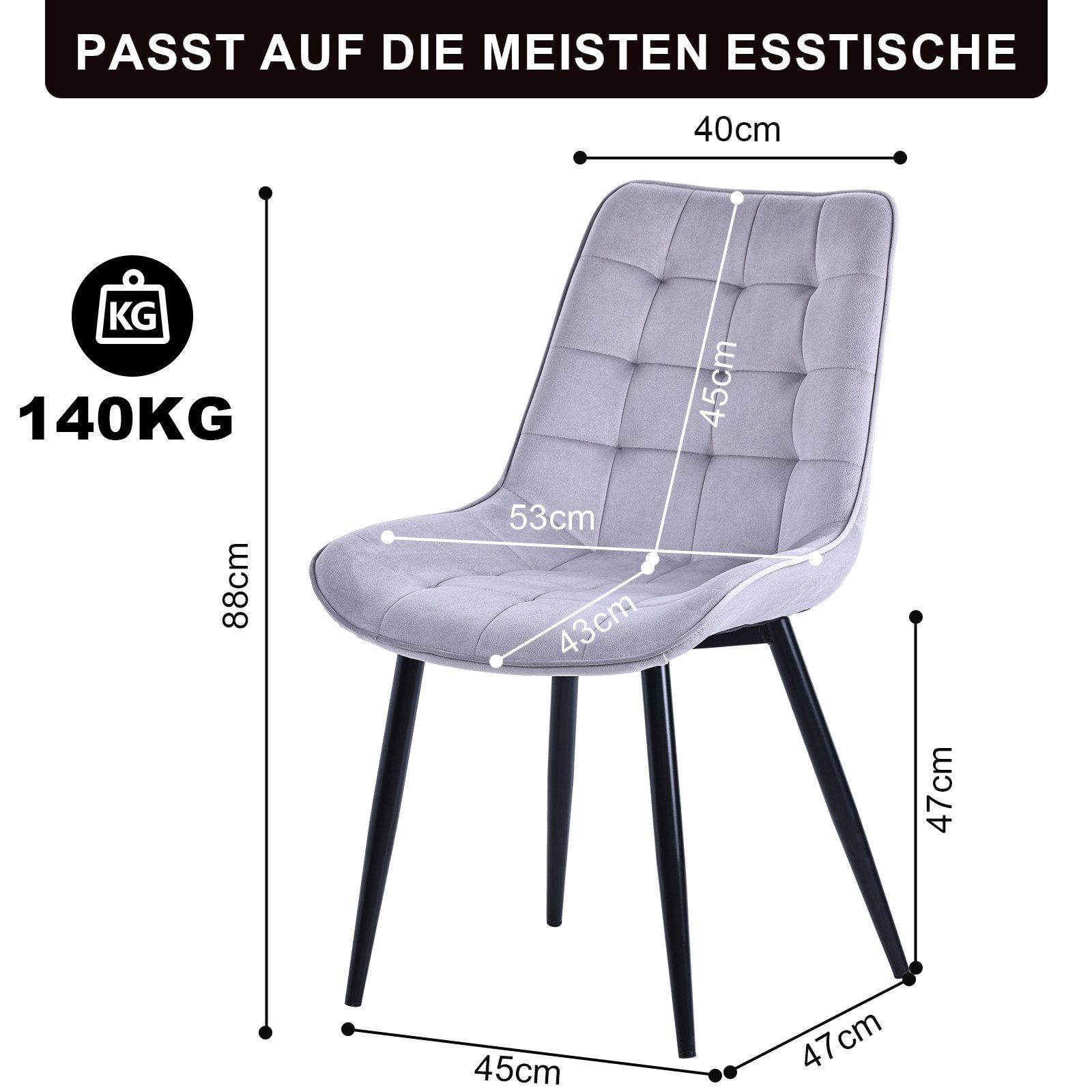 HOMAVO Esszimmerstuhl Stuhlset – Polsterstühle, Samt oder Webstoff, Metall-Füße (Nach EN 12520 geprüft), mit Ergonomischer Rückenlehne und Metallbeinen
