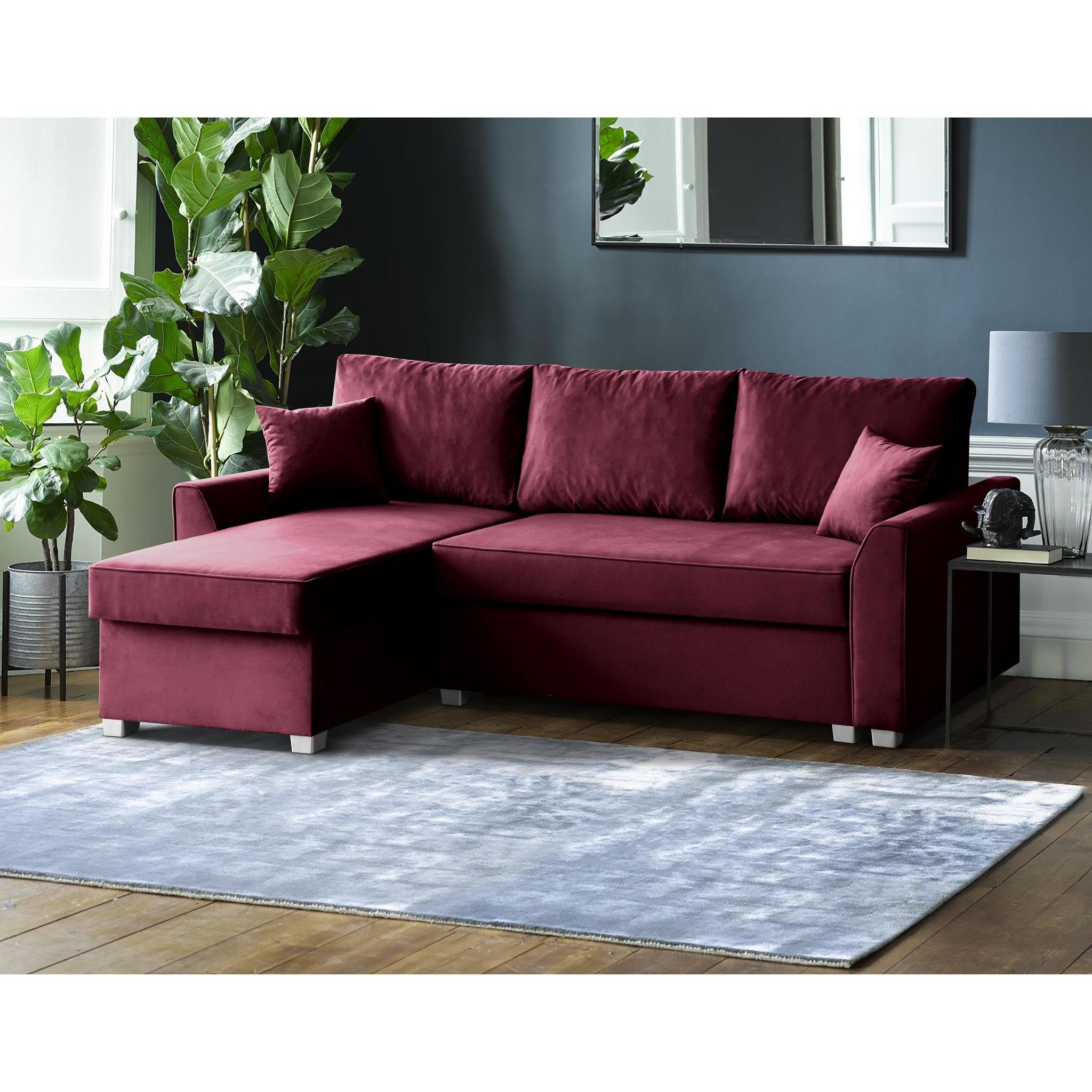 Beautysofa Polsterecke Toretto, Eckcouch aus velours, L-Form Ecksofa, Bettkasten, universelle mane, Kunststoffbeine, inklusive Bonnell-Federn Burgundy (manila 23)