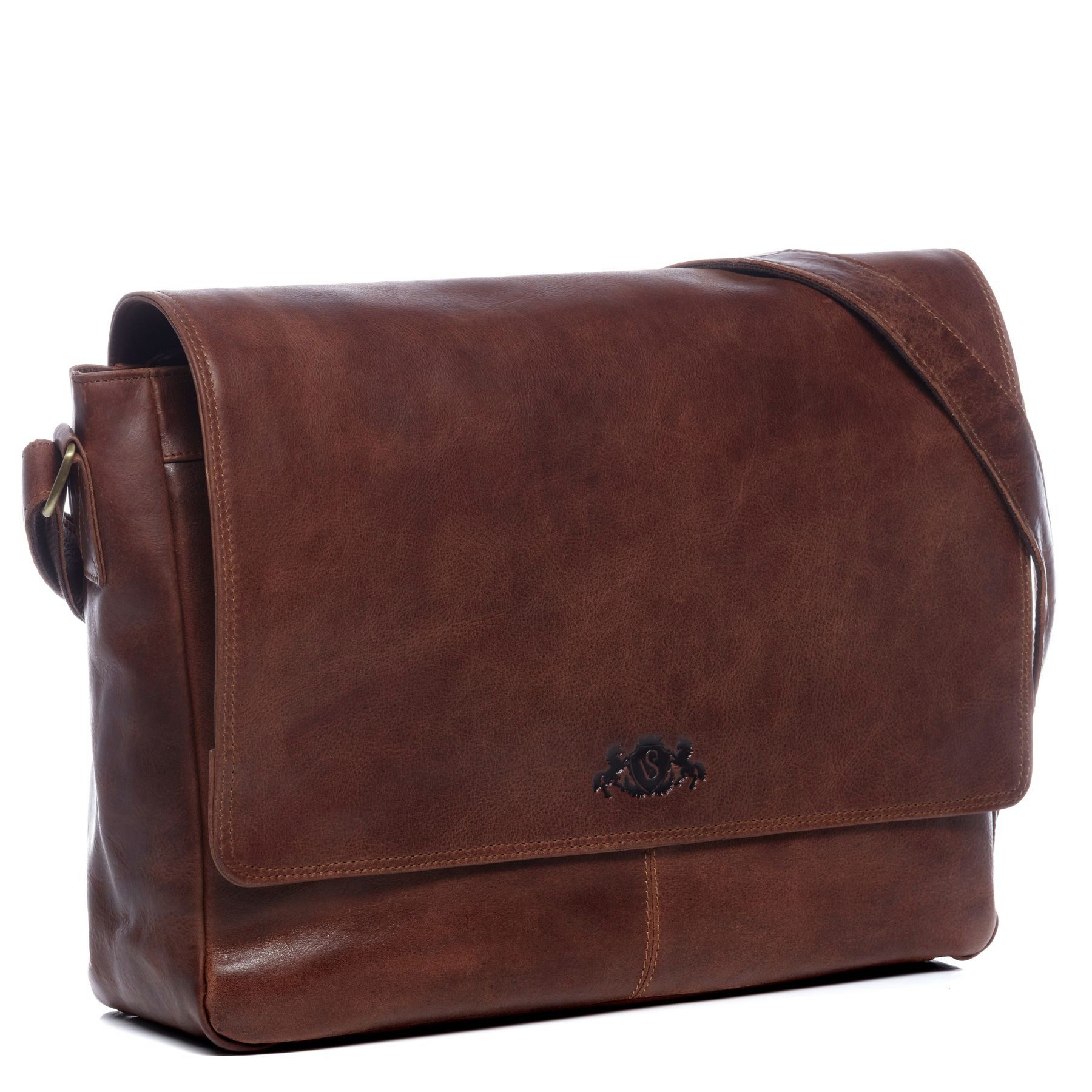 SID & VAIN Messenger Bag SPENCER XL groß Laptop-Tasche 15 Zoll echt Leder, Umhaengetasche Laptop Fach Herren Damen Schultertasche braun