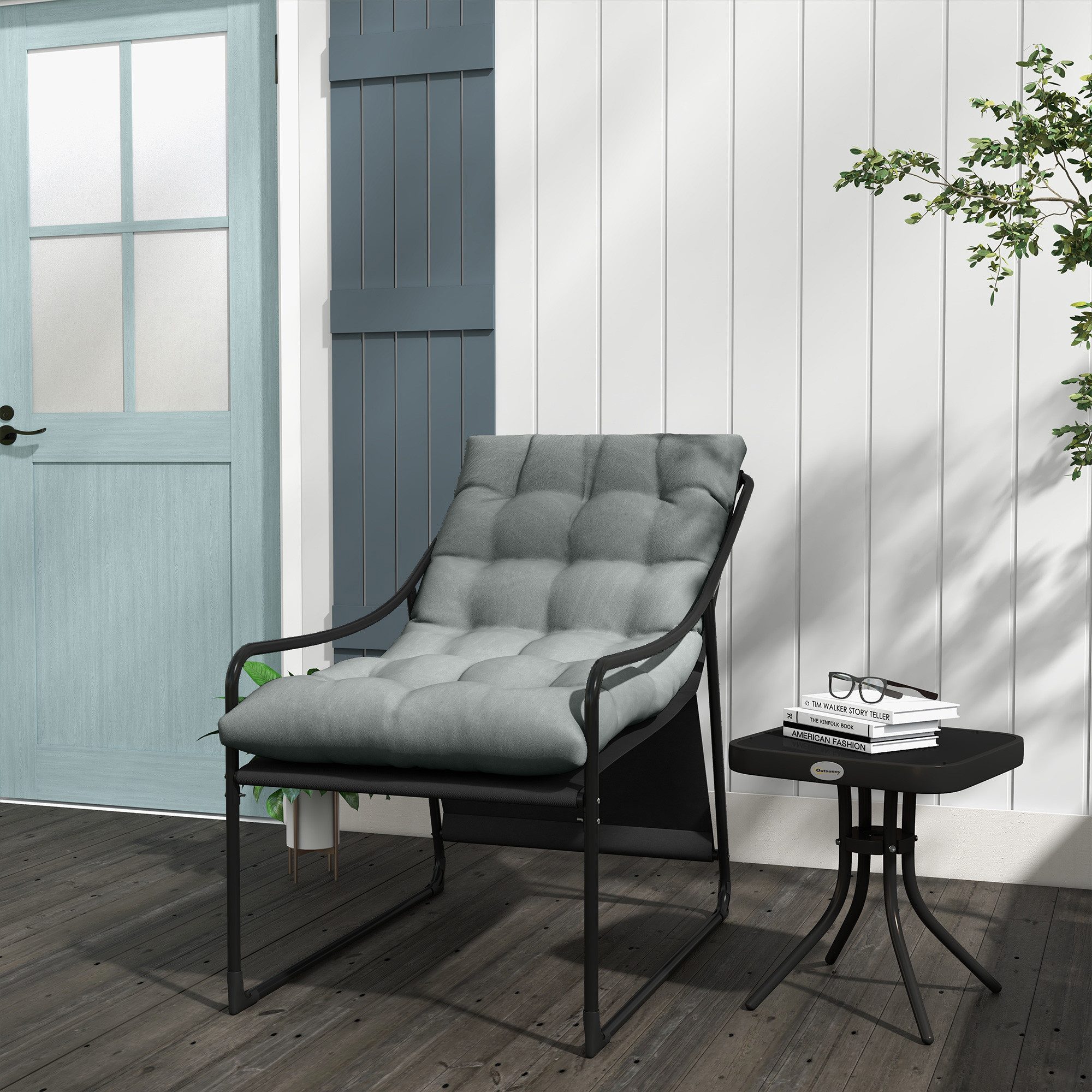 Outsunny Gartensessel Gartenstuhl mit dickem Sitzkissen, Loungesessel mit Armlehne (Gartenstuhl, 1-St., Garten Loungesessel), bis 150 kg belastbar, für Garten, Balkon, Grau