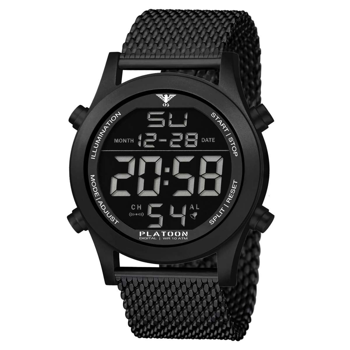 KHS Digitaluhr PLABSD.MB, für Herren Platoon Schwarz mit Mesh-Armband